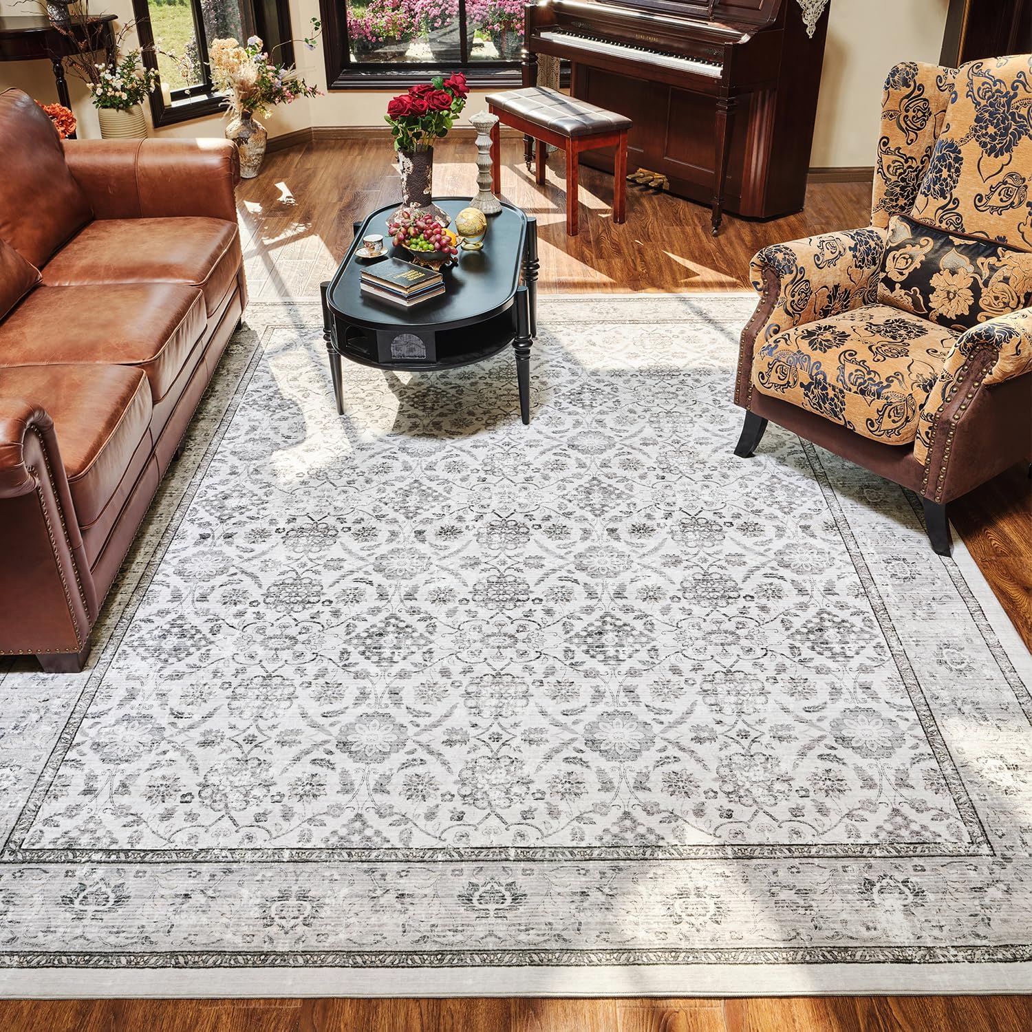 Alfombra lavable de 8 x 10 pies para sala de estar y dormitorio, alfombra bohemia vintage, grande, suave, envejecida, floral, para comedor, sala de