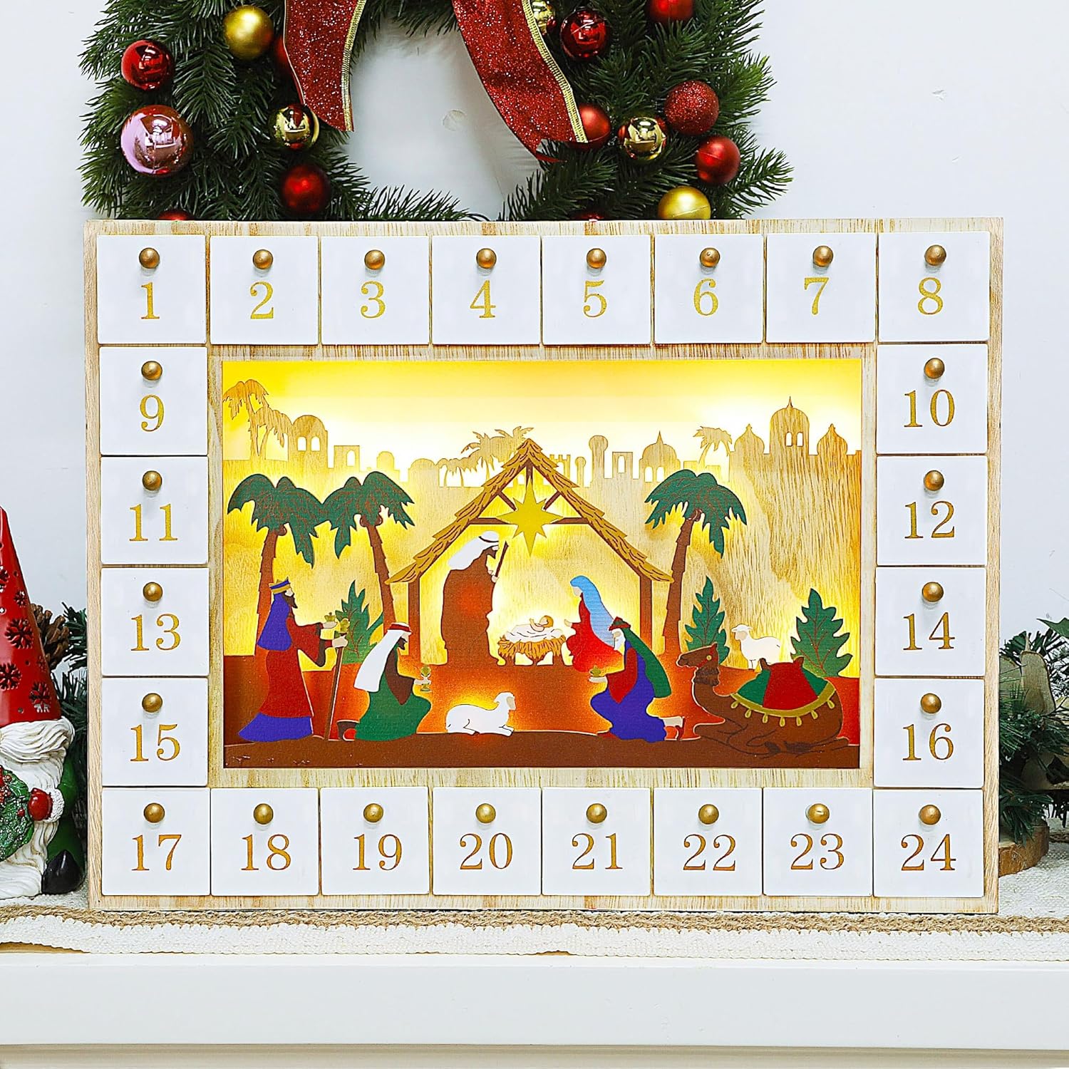 Lulu Home Calendario de Adviento de Navidad, 2023 caja de Adviento con iluminación de belén con cajones, cuenta regresiva de 24 días para Navidad,