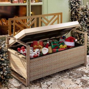 YITAHOME Banco de almacenamiento al aire libre de 70 galones, banco de mimbre de polietileno para todo tipo de clima, caja de almacenamiento para YITAHOME Banco de almacenamiento al aire libre de 70 galones, banco de mimbre de polietileno para todo tipo de clima, caja de almacenamiento para