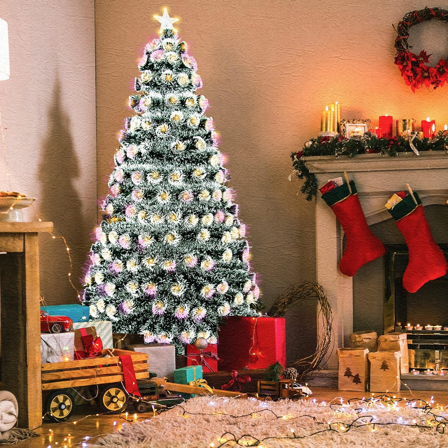 GEX Árbol de Navidad preiluminado de 7 pies con luces, 8 modos, luces cálidas amarillas, verde oscuro artificial con borde blanco, pino con soporte