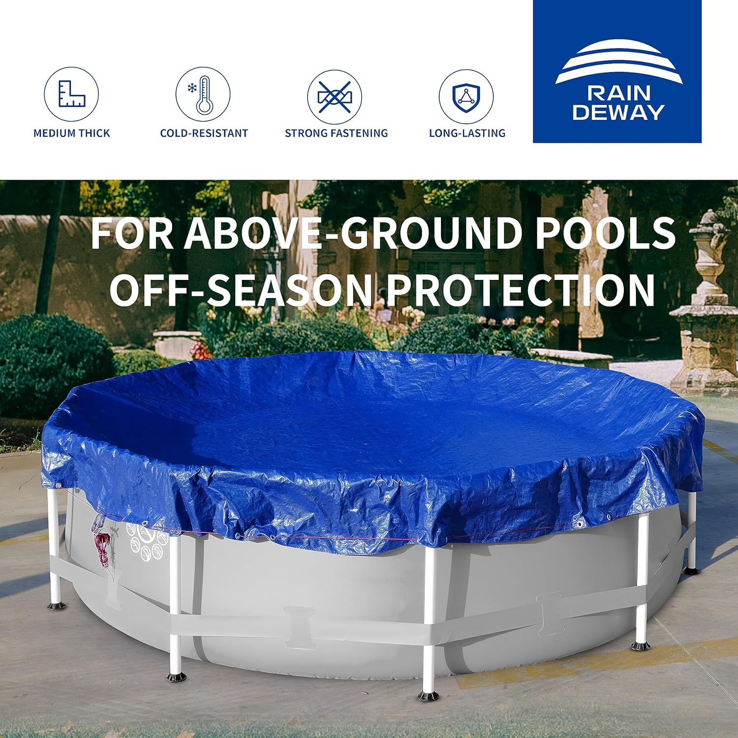 Cubierta redonda para piscina con cuerdas, para piscinas sobre el suelo, resistente a los rayos UV, a prueba de polvo, impermeable, azulnegro (solo
