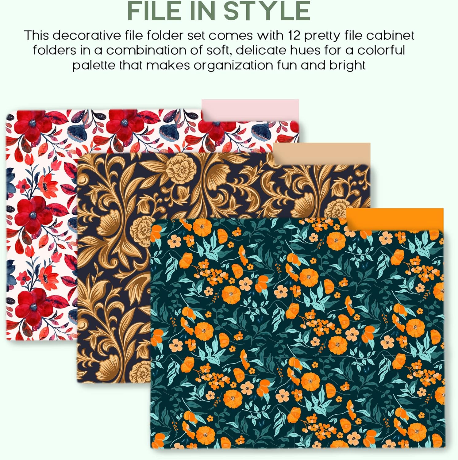 BEE brand Paquete de 12 carpetas de archivos decorativas, bonitas carpetas florales para archivos de negocios y oficina, bonitas carpetas de