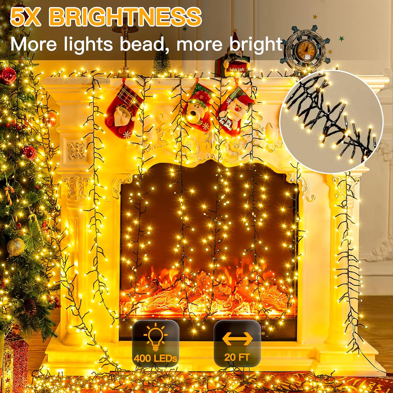 Ollny Luces en racimo para árbol de Navidad, 400 luces LED de Navidad blancas cálidas de 20 pies, 8 modos de temporizador, control remoto, cadena de