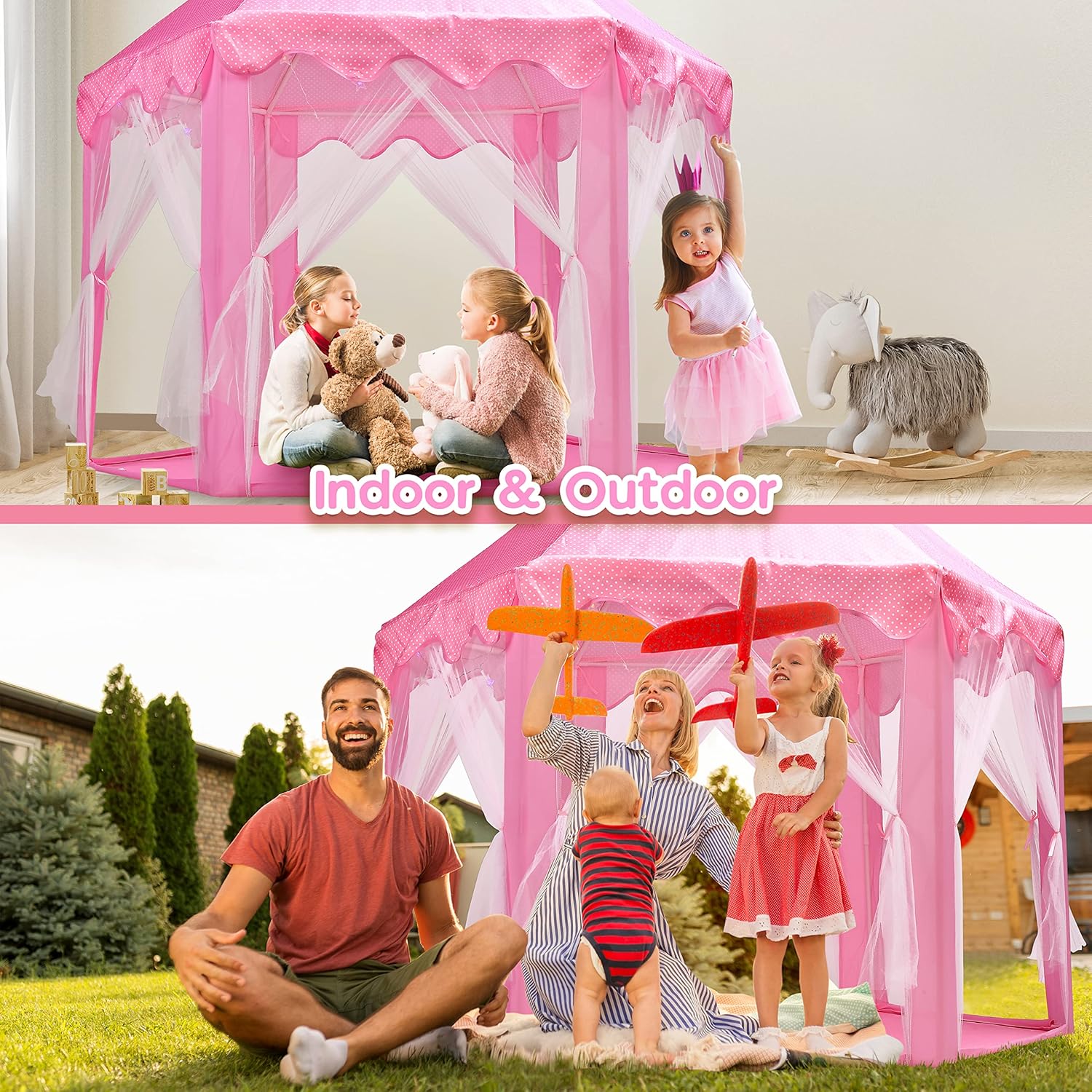 BELLOCHIDDO Tienda de campaña de princesa para niñas, tienda de campaña rosa con luces LED de estrella, castillo de princesa, casa de juegos para