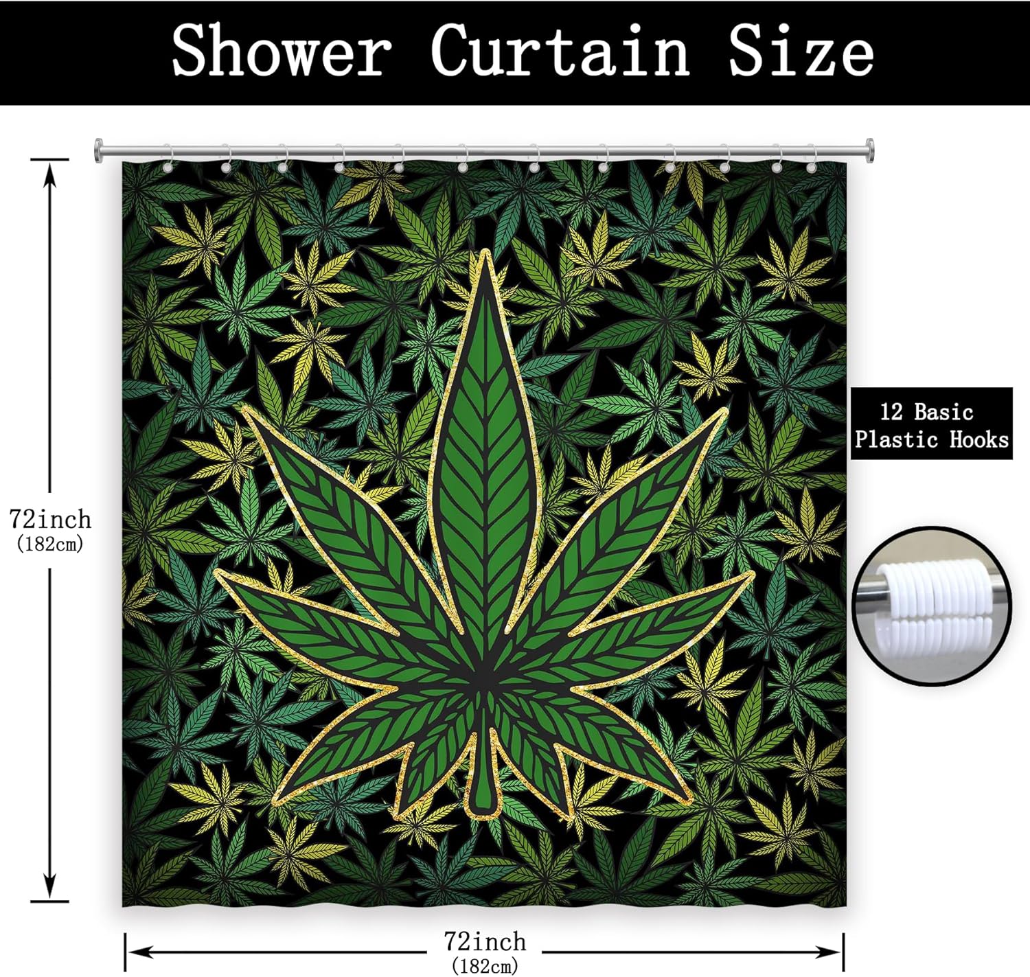 Cortina de ducha de hojas verdes de marihuana para baño, planta de cannabis, impermeable, tela de poliéster, bañeras, decoración del hogar con 12
