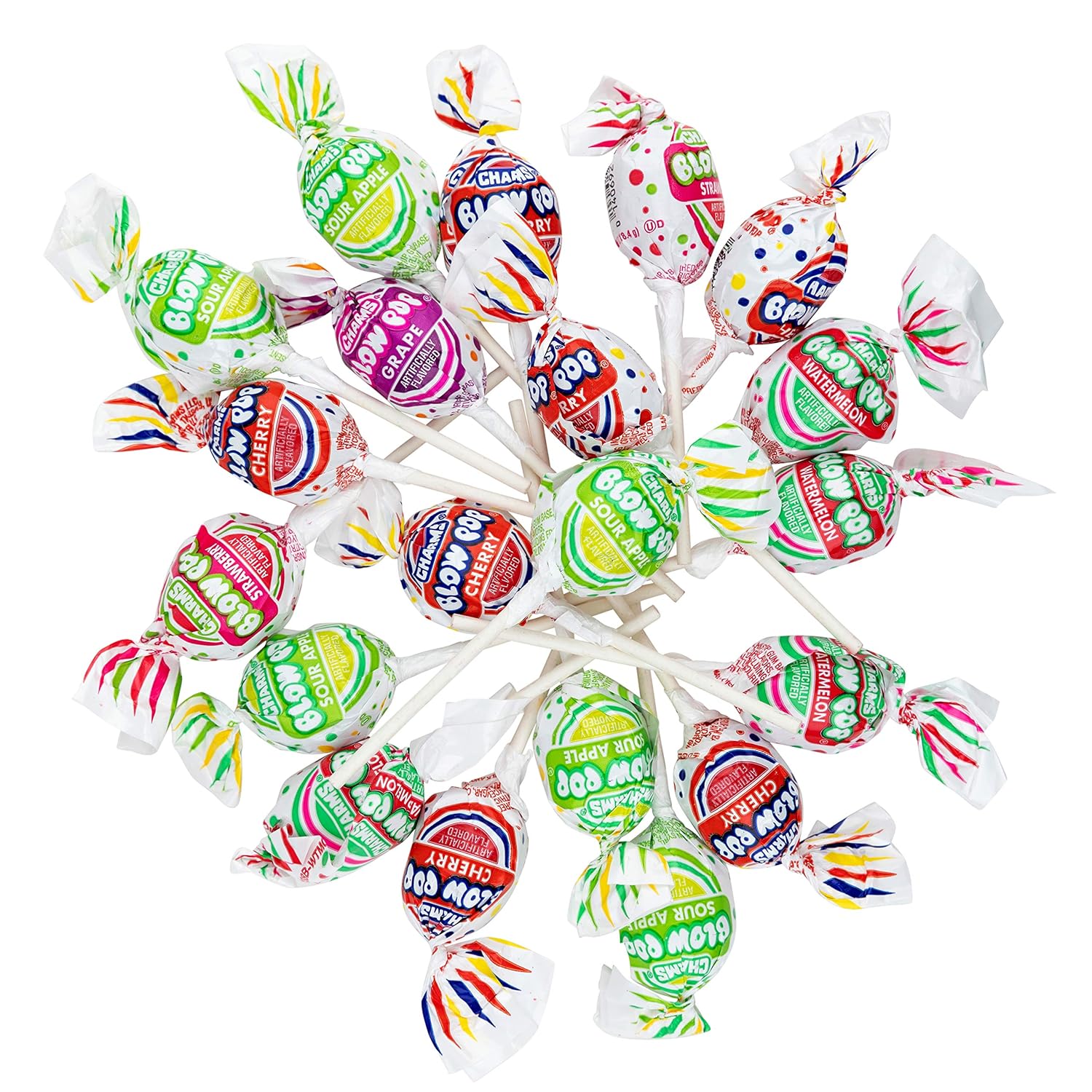 Charms Blow Pops – Pops rellenos de goma de mascar  sabores surtidos  Sandía, cereza, uva, manzana agria y fresa (2 libras)