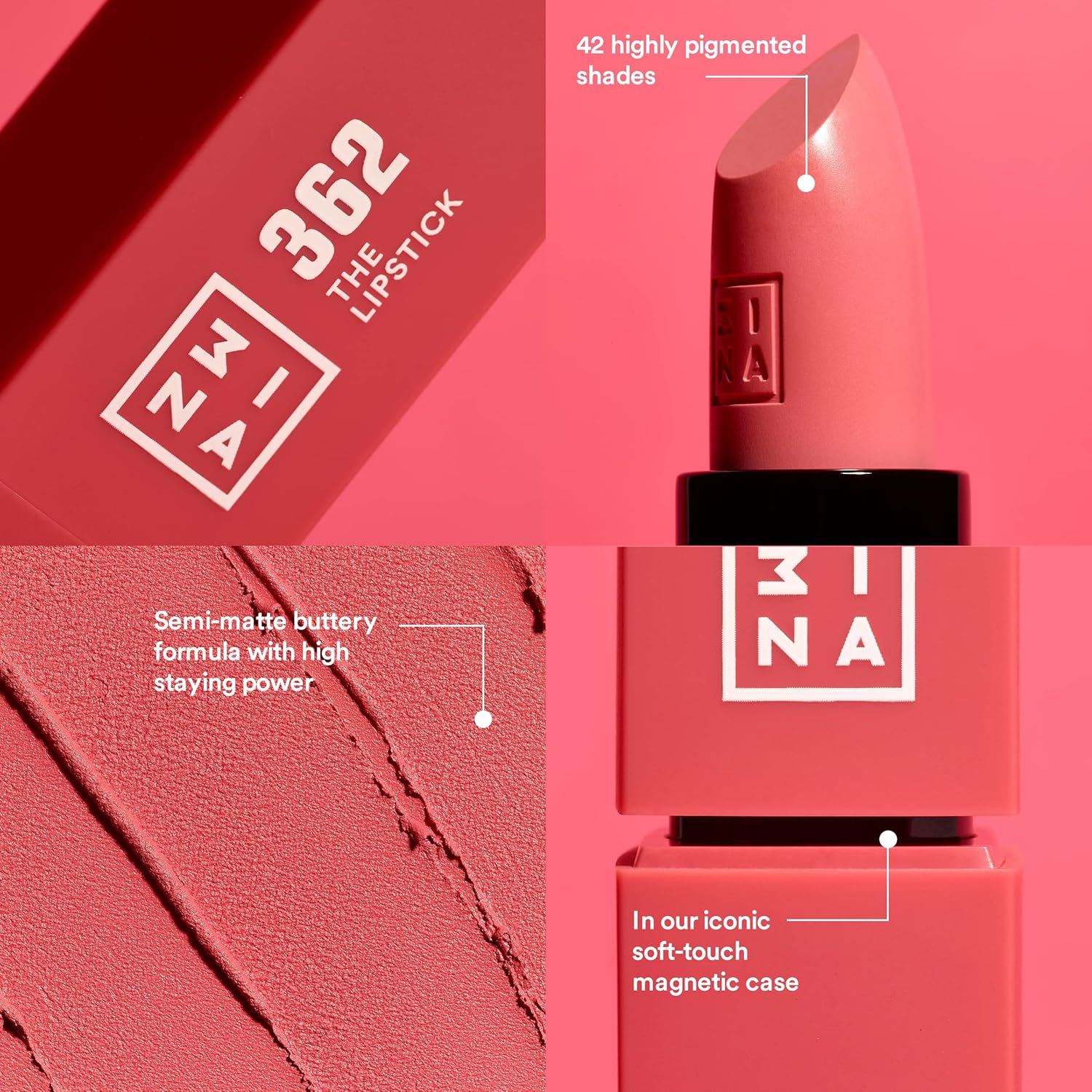 3INA The Lipstick 334 – Excelente selección de tonos – Acabados mate y brillantes – Altamente pigmentado y cómodo – Fórmula vegana y libre de