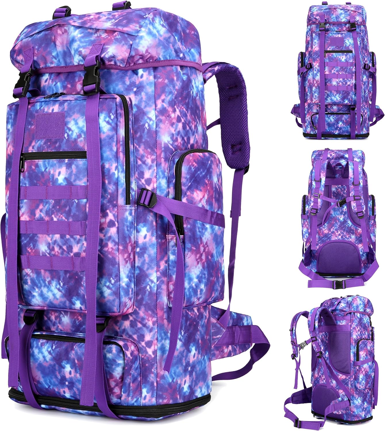 100L camping senderismo militar táctico mochila escalada al aire libre bolsas de deporte para acampar, mochilero, Púrpura (Purple Camo), Mochilas