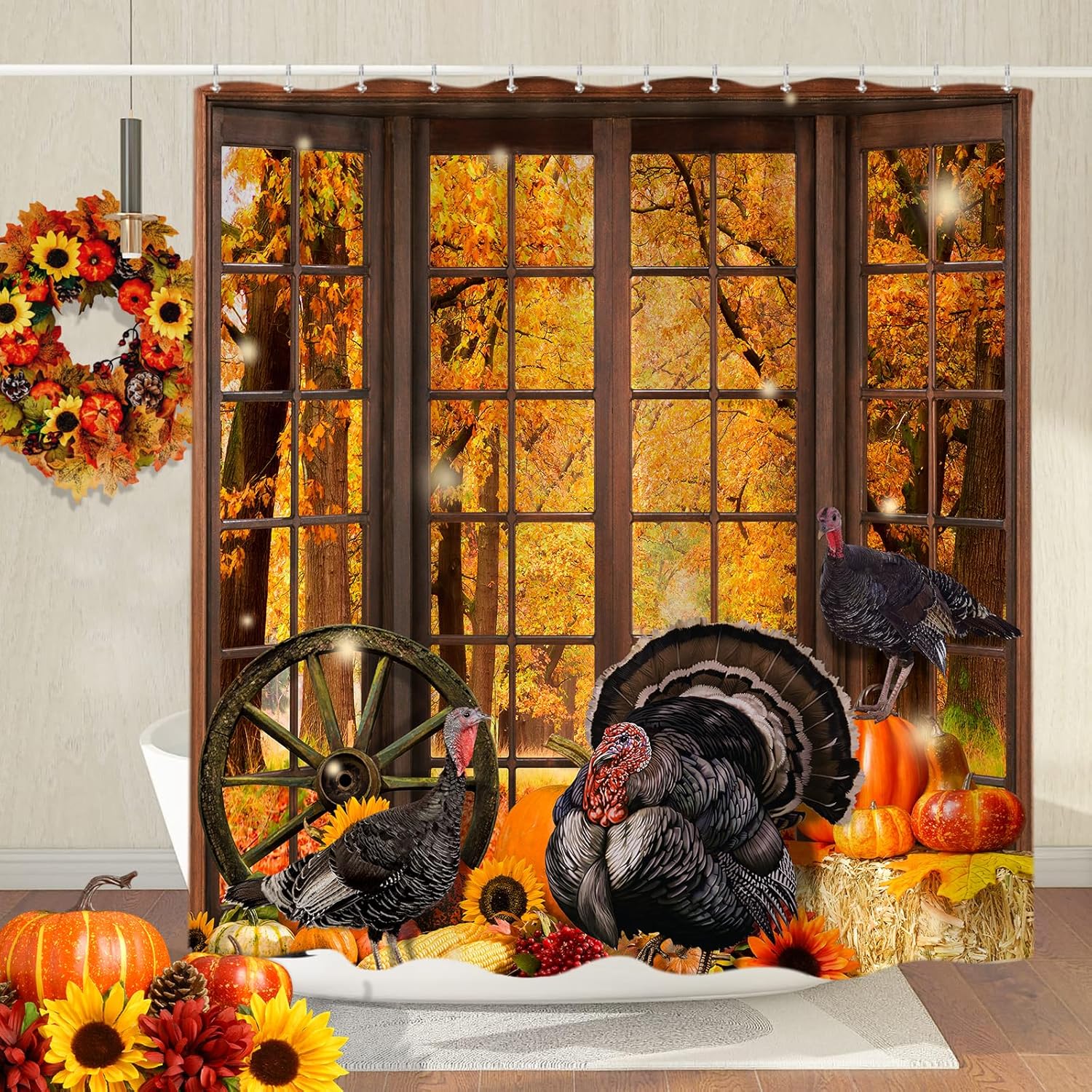 Cortina de ducha de otoño de Acción de Gracias, calabazas de pavo de granja, cosecha de bosque otoñal, juego de cortinas de ducha para decoración de