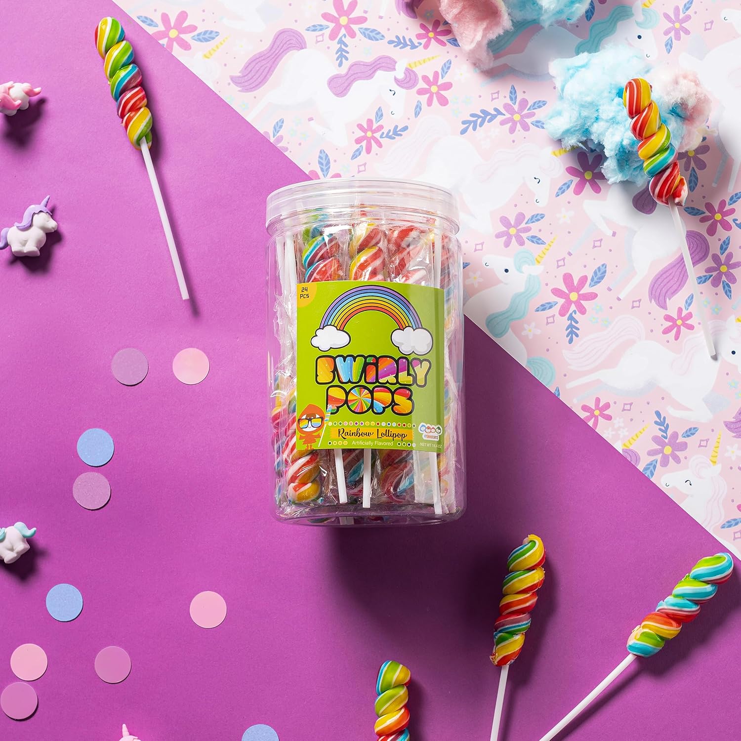 4YoreElves – Paletas de unicornio arcoíris envueltas individualmente, repletas de sabor afrutado, grandes paletas de remolino para fiestas de