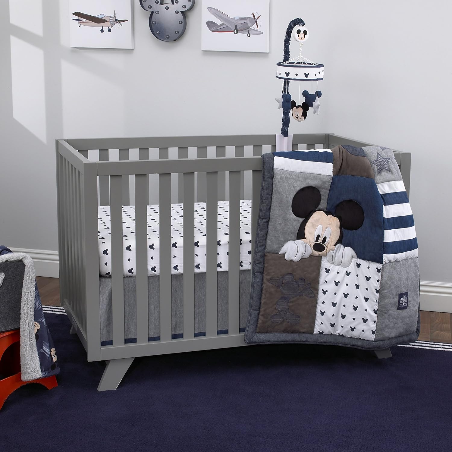 Disney Mickey Mouse Hello World StarIcon – Sábana bajera ajustable para cuna, 100% algodón, color azul marino, blanco (paquete de 2)