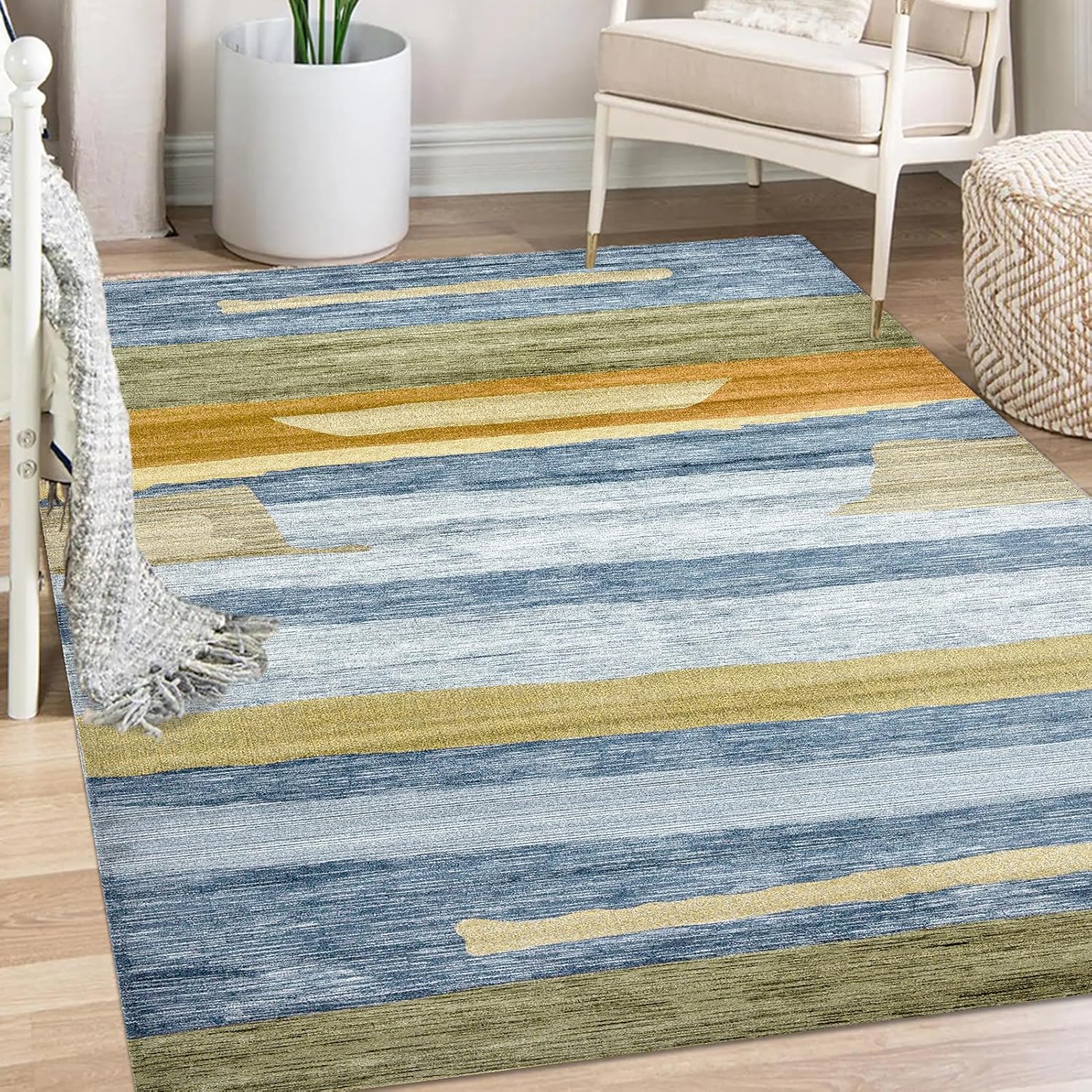 Finoren – Alfombra abstracta a rayas, 5 x 7 pies, para sala de estar, dormitorio, pasillo, comedor, respaldo antideslizante, alfombra decorativa