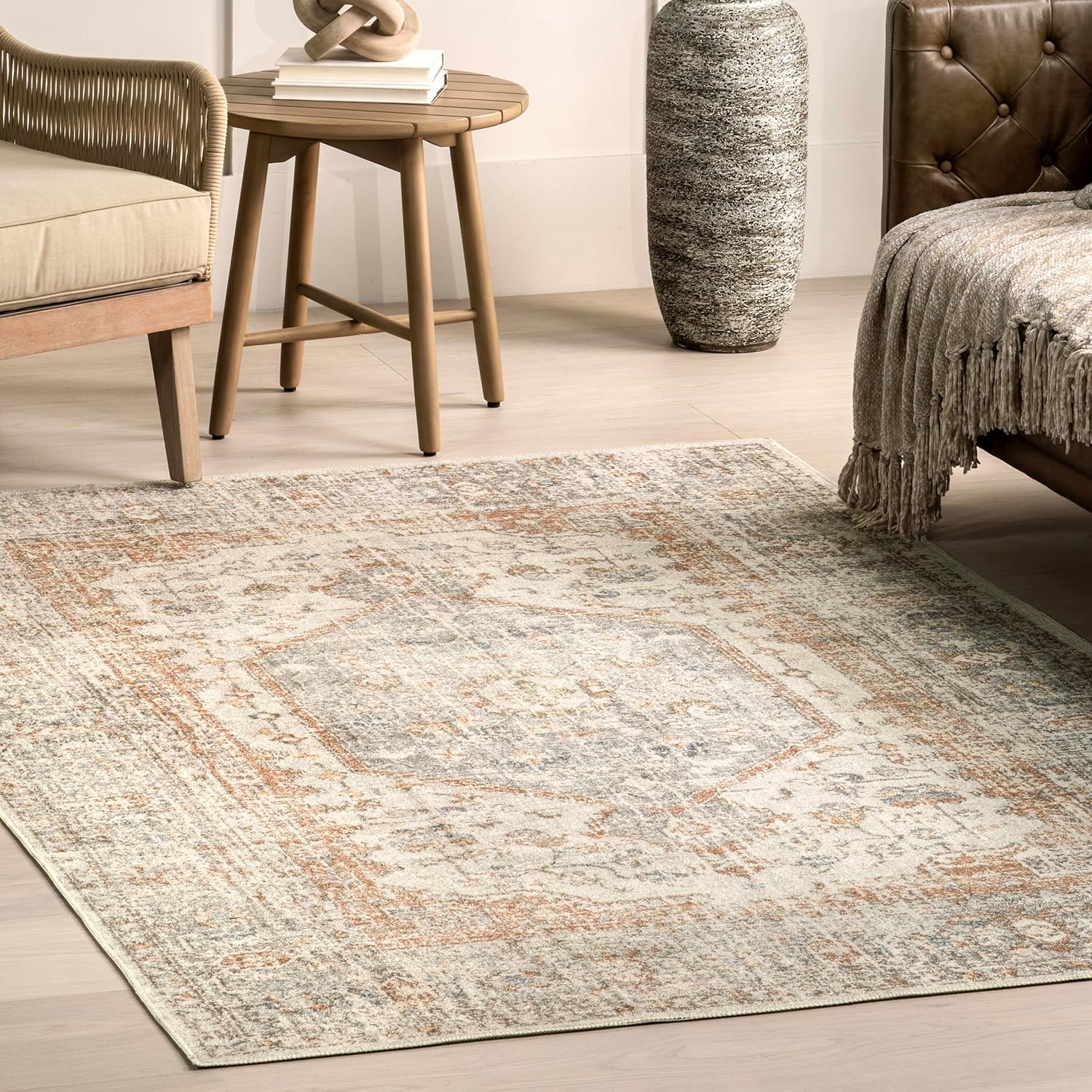 nuLOOM Rain Haven – Alfombra vintage lavable a máquina, 8 redondas, lavables a máquina, alfombra de transición gris claro  marfil para sala de