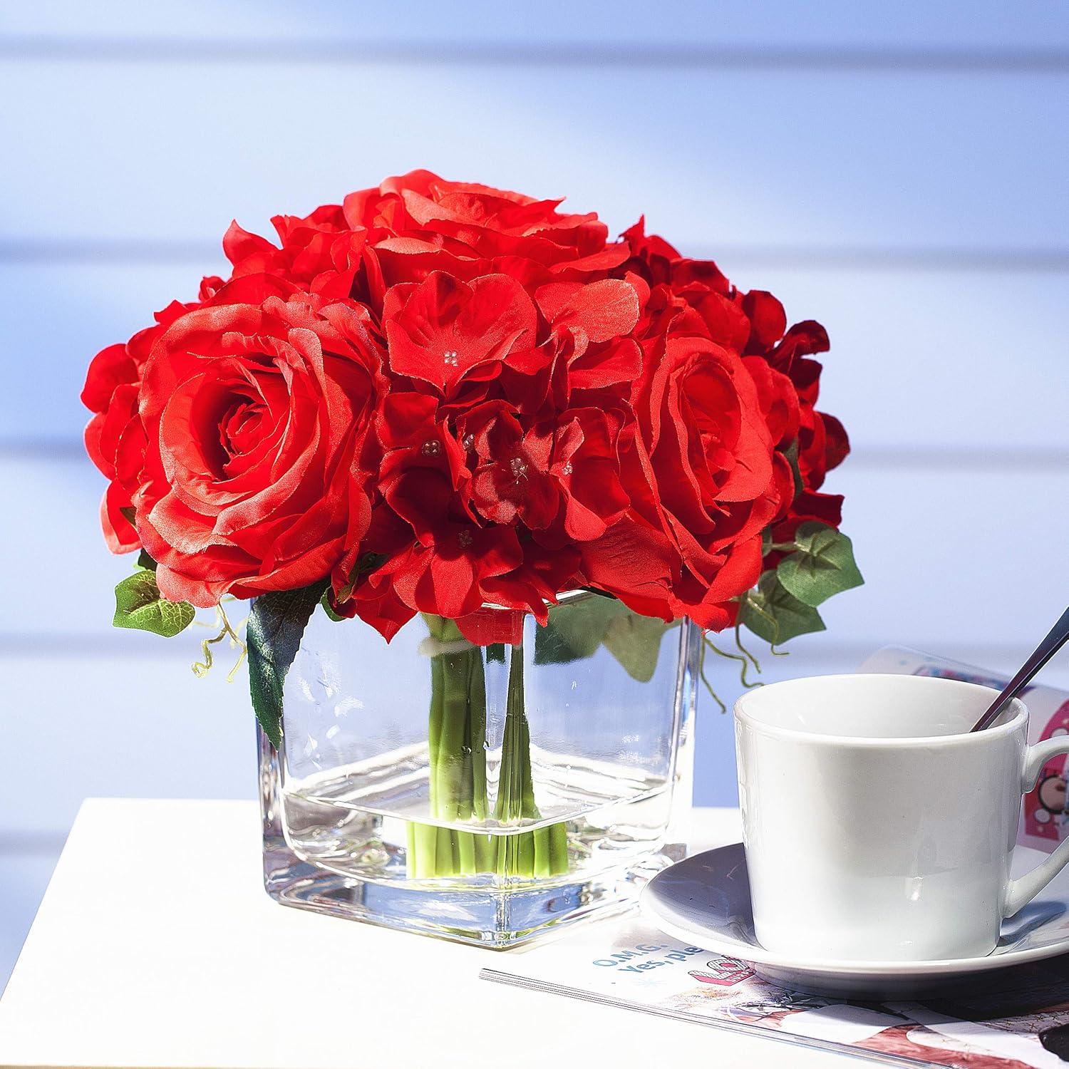 ENOVA HOME Arreglos de flores artificiales de hortensias de seda en jarrón de cristal para decoración del hogar y boda (rojo)
