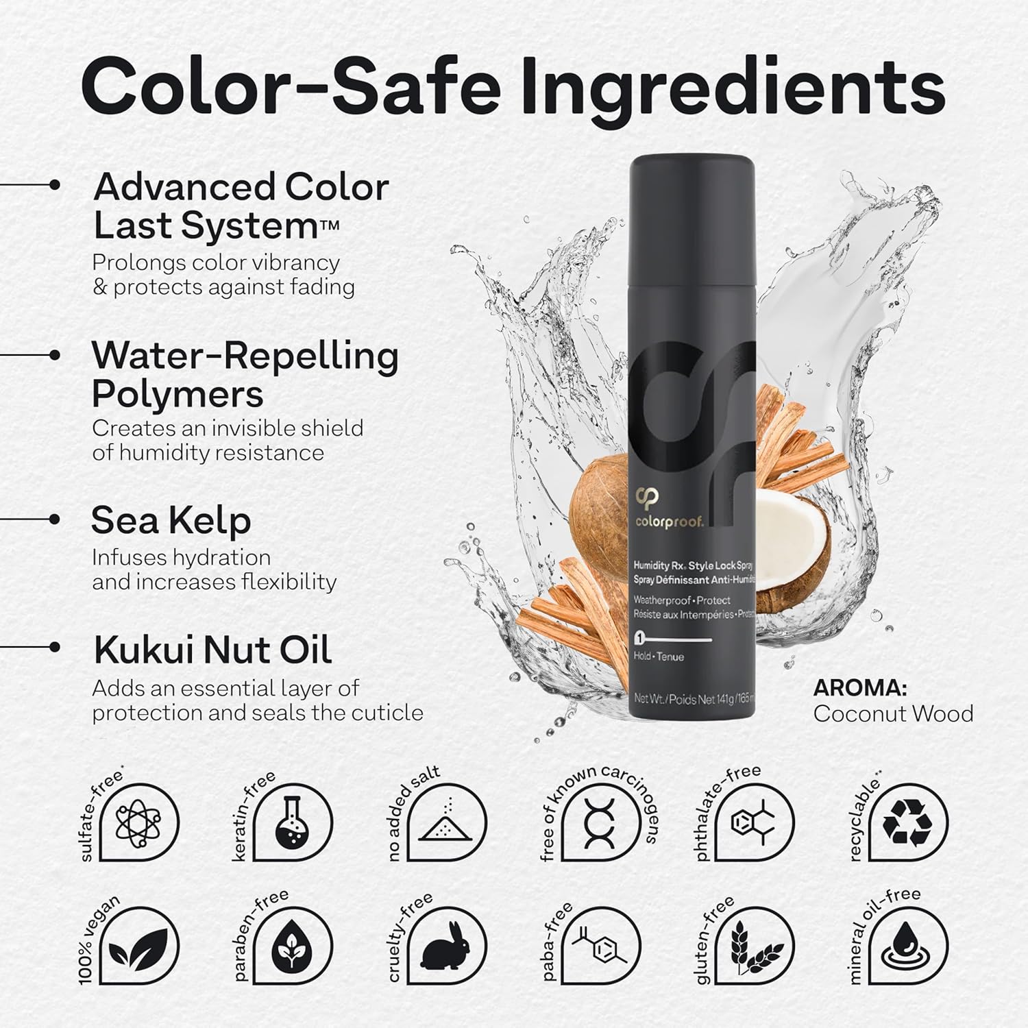 Colorproof Humidity Rx Style Lock Spray para el cabello, 5 onzas líquidas, laca para el cabello sin sulfato con aroma a madera de coco