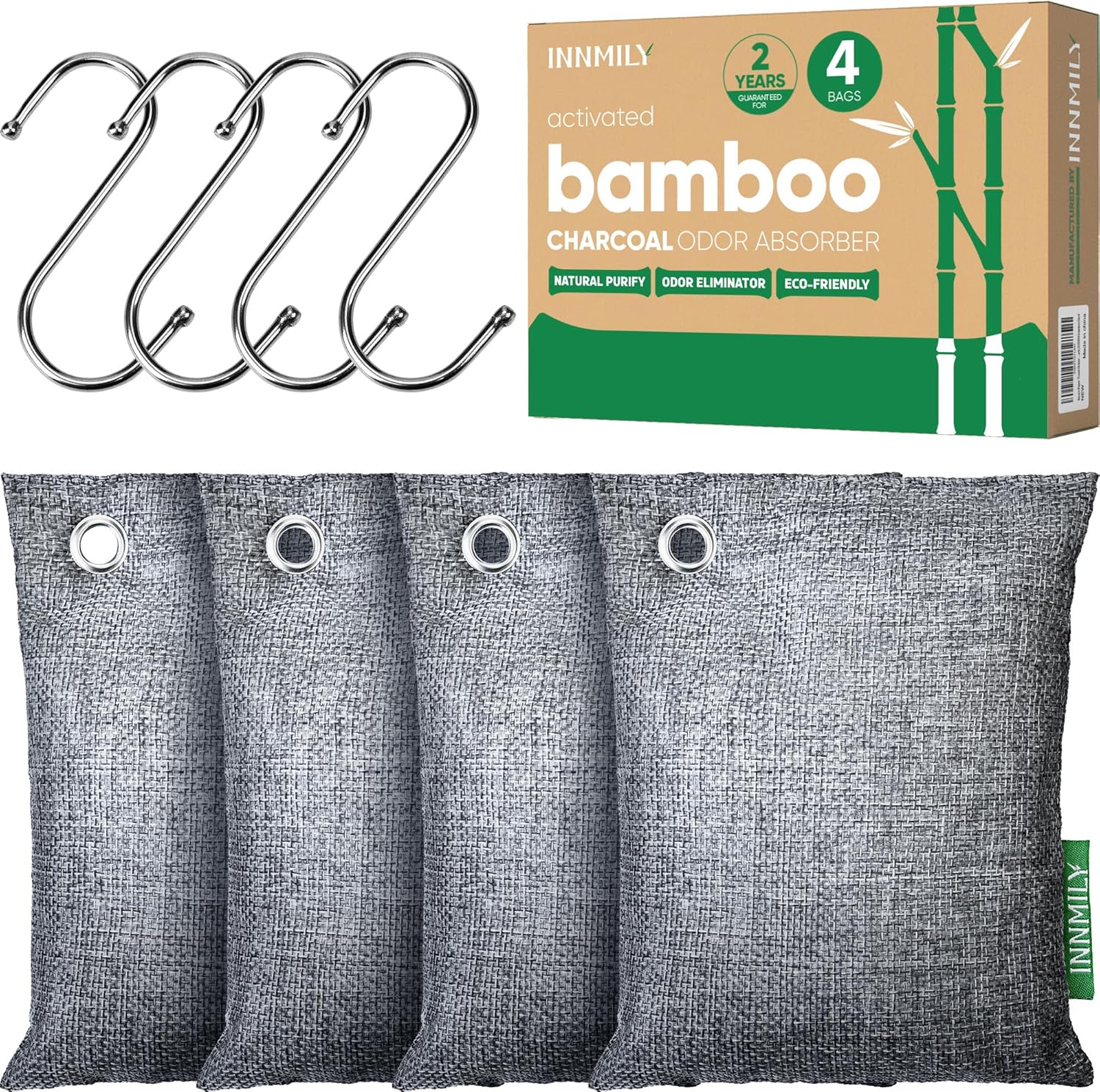 Absorbedor de olores de carbón activado, 4 x 7.05 oz con ganchos, eliminador de olores naturales para olores fuertes, bolsas purificadoras de aire