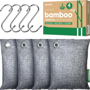 Absorbedor de olores de carbón activado, 4 x 7.05 oz con ganchos, eliminador de olores naturales para olores fuertes, bolsas purificadoras de aire Absorbedor de olores de carbón activado, 4 x 7.05 oz con ganchos, eliminador de olores naturales para olores fuertes, bolsas purificadoras de aire