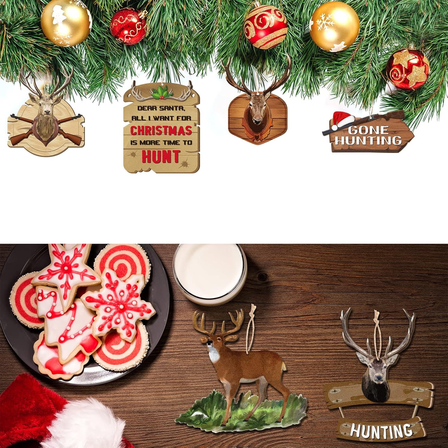 30 piezas de adornos de árbol de Navidad de madera para caza de ciervos, adornos colgantes decorativos de ciervos con pistola, adorno de Navidad,