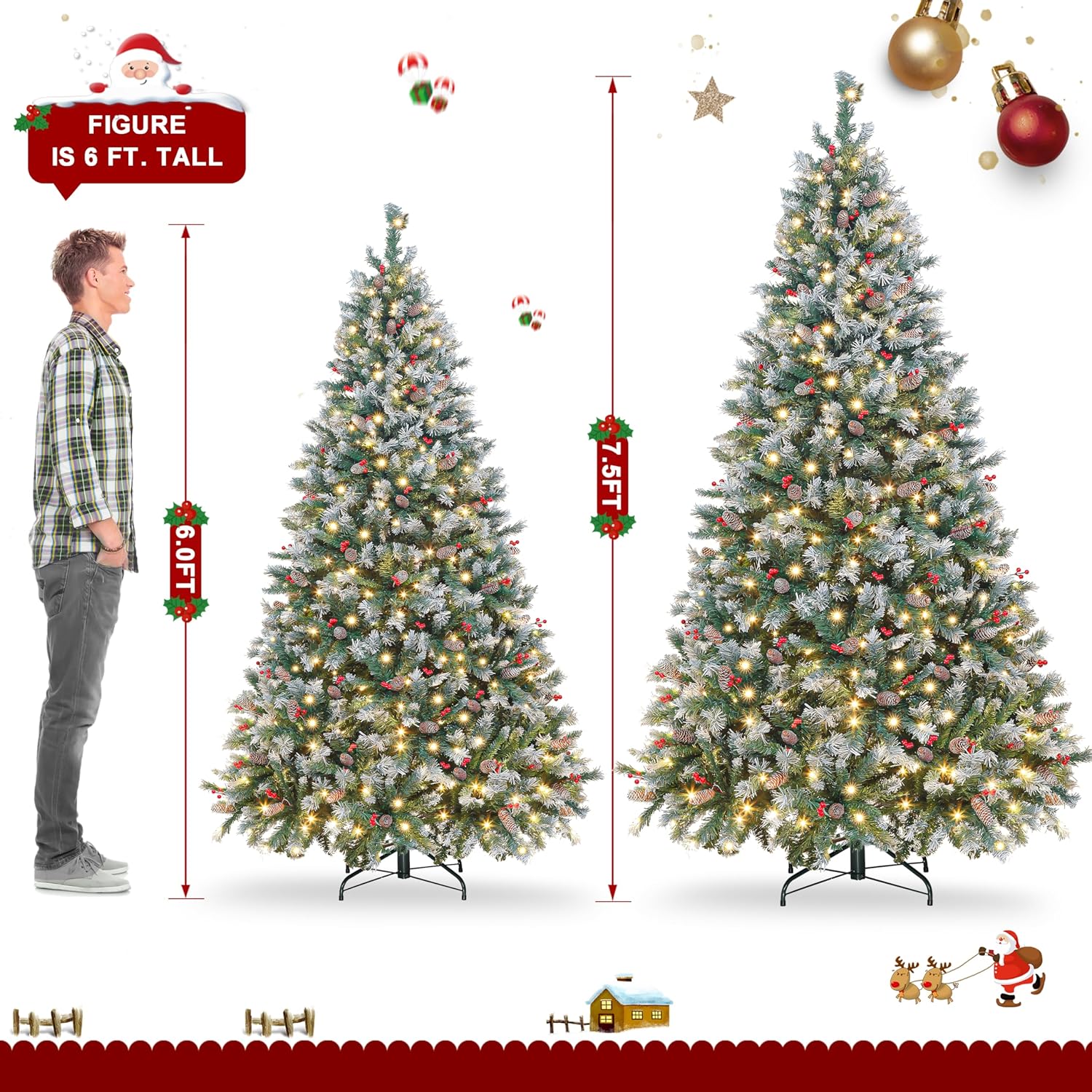 Árbol de Navidad artificial preiluminado de 6 pies con 275 luces LED, 56 conos de pino y bayas, para decoración navideña del hogar y la oficina