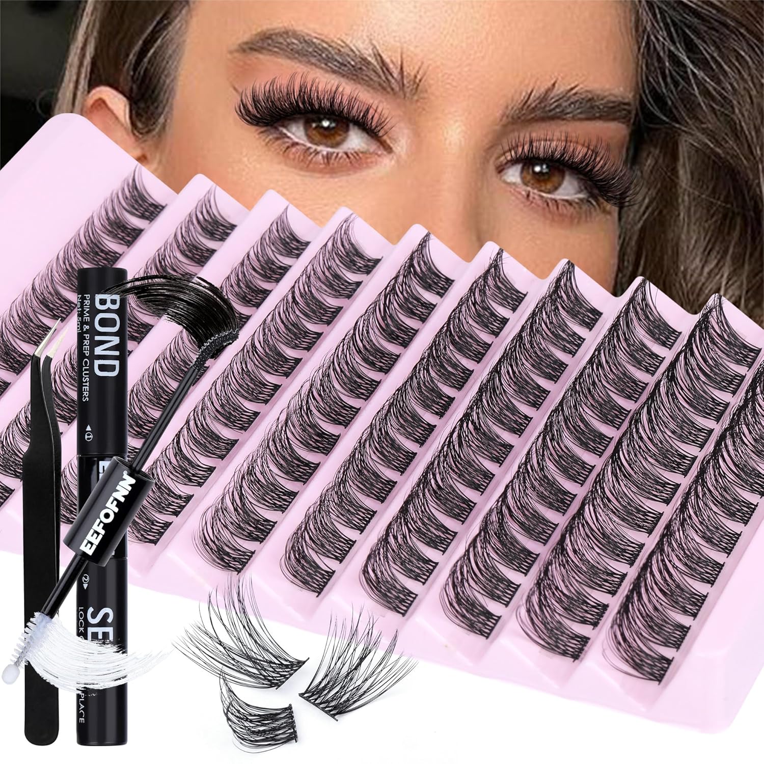 Kit de extensión de pestañas de rizo D, kit de pestañas individuales naturales con enlace de pestañas y pinzas de pestañas de 0.315 a 0.630