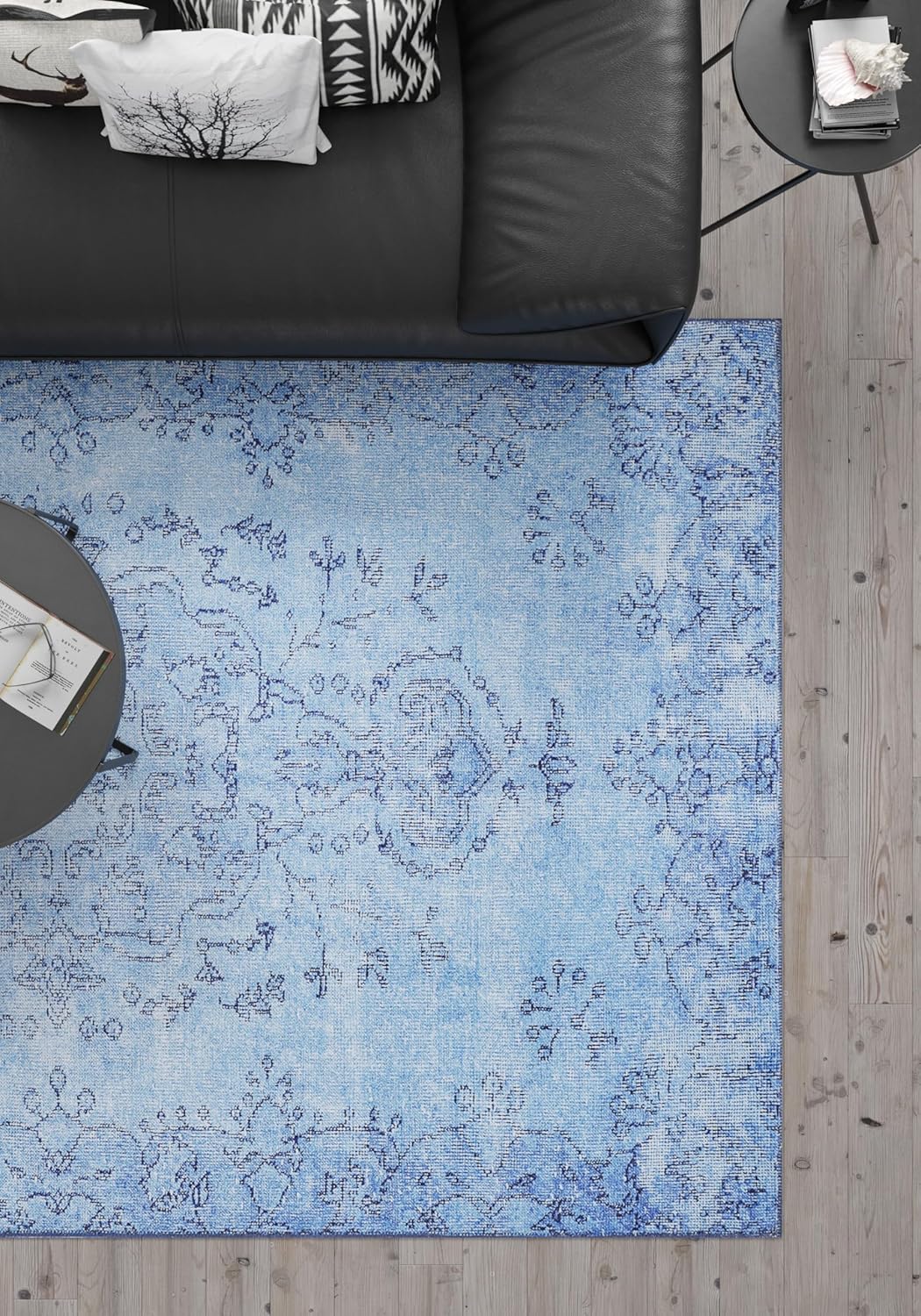 Woolknot ENC1092 – Alfombra vintage azul para sala de estar, alfombra floral, turquesa, pequeña, lavable, bohemio, alfombra estampada envejecida con