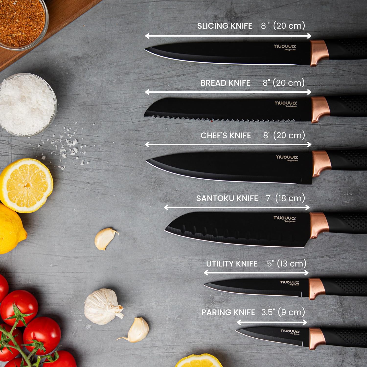nuovva Juego de cuchillos de cocina profesionales con bloque, juego de cuchillos de cobre de 17 piezas con cuchillos para carne, bloque de acrílico