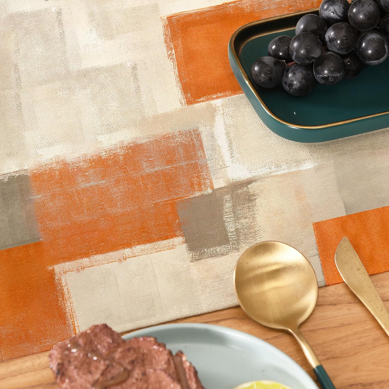 Winotic Camino de mesa de acuarela gris naranja de 72 pulgadas de largo, arte abstracto moderno para decoración de temporada, fiesta, cocina,