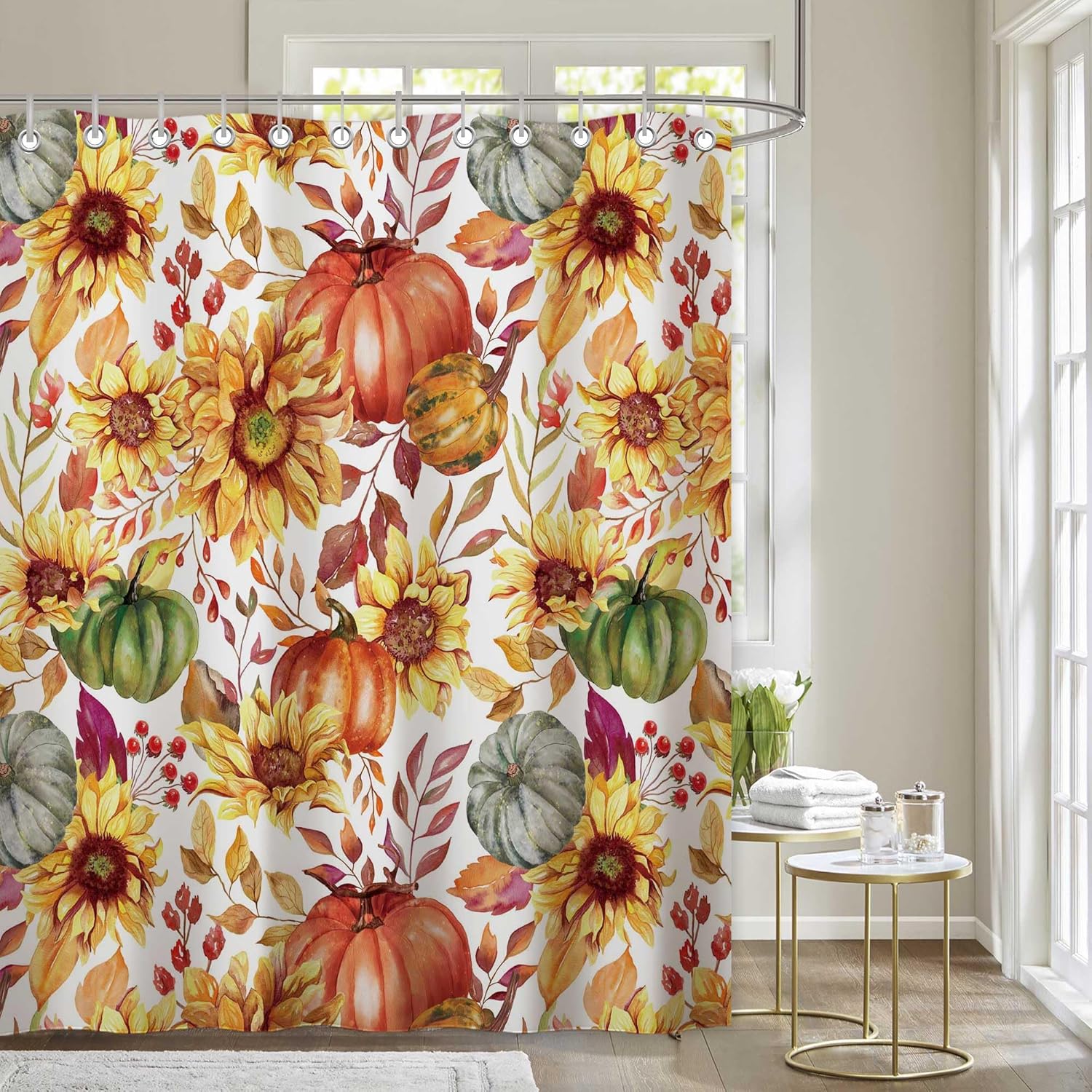 Juego de cortinas de ducha de 72 x 72 pulgadas con diseño de calabazas, estilo bohemio, retro, acuarela, girasol, para otoño, cosecha, granja, baño,