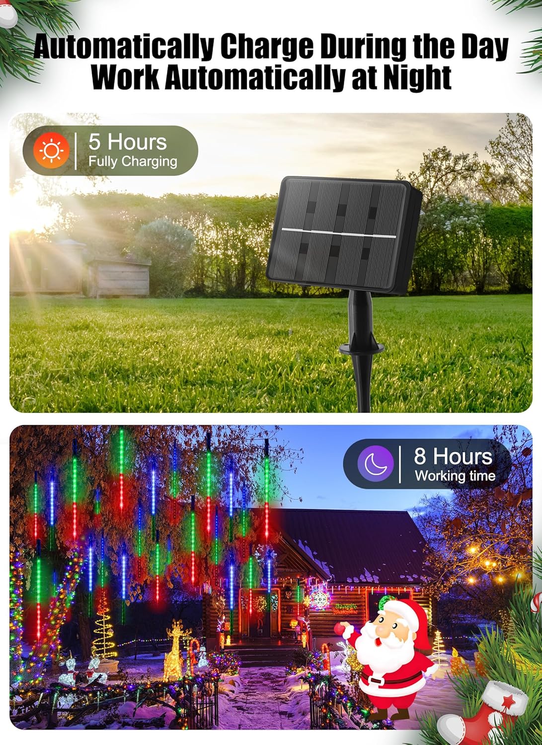 Minetom Paquete de 2 tiras de luces de Navidad para exteriores alimentadas por energía solar, luces de lluvia de meteoritos de 6 pulgadas, 10 tubos,