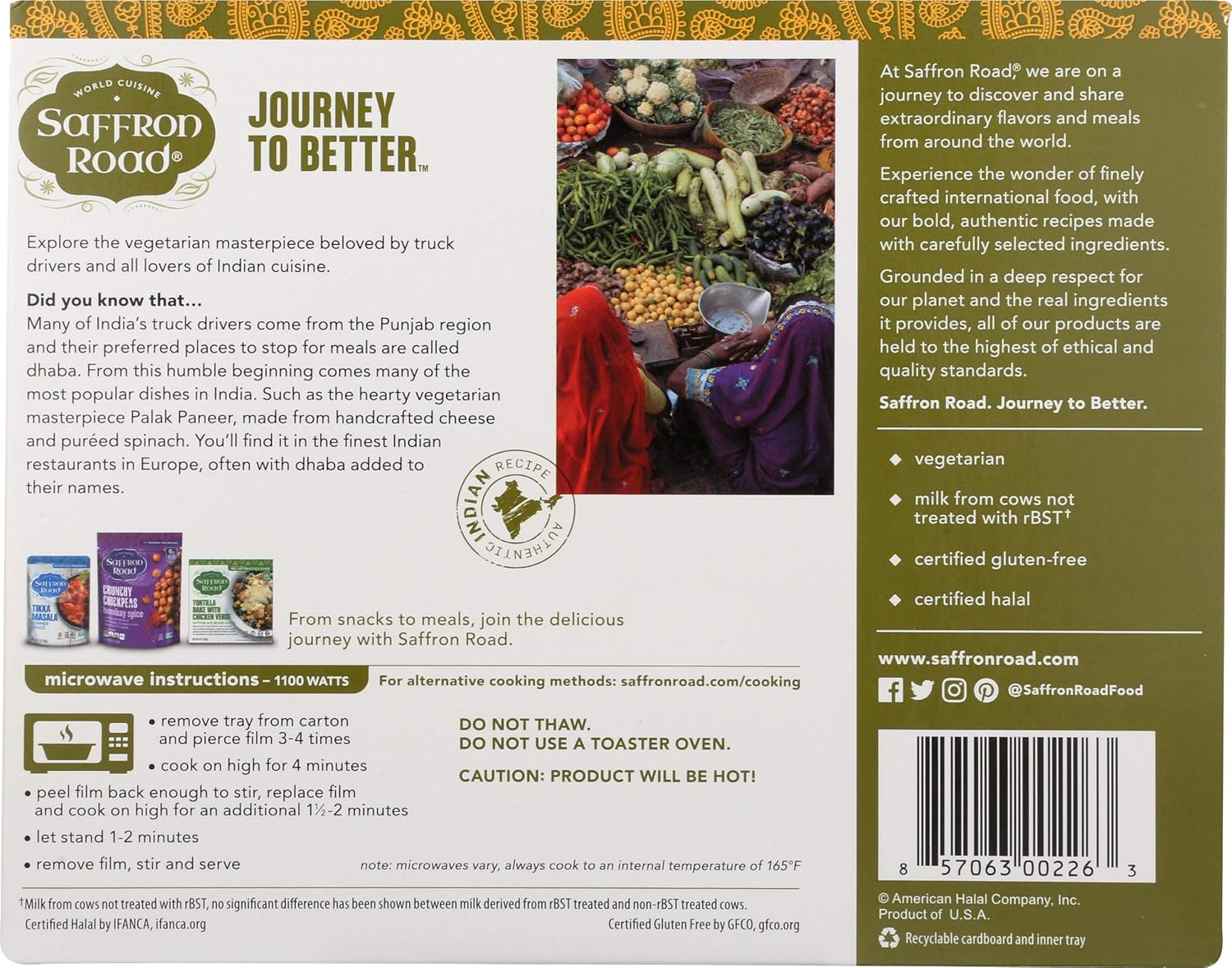 Saffron Road Palak Paneer con arroz Basmati Cena congelada, 10 onzas, vegetariano, sin gluten, Halal