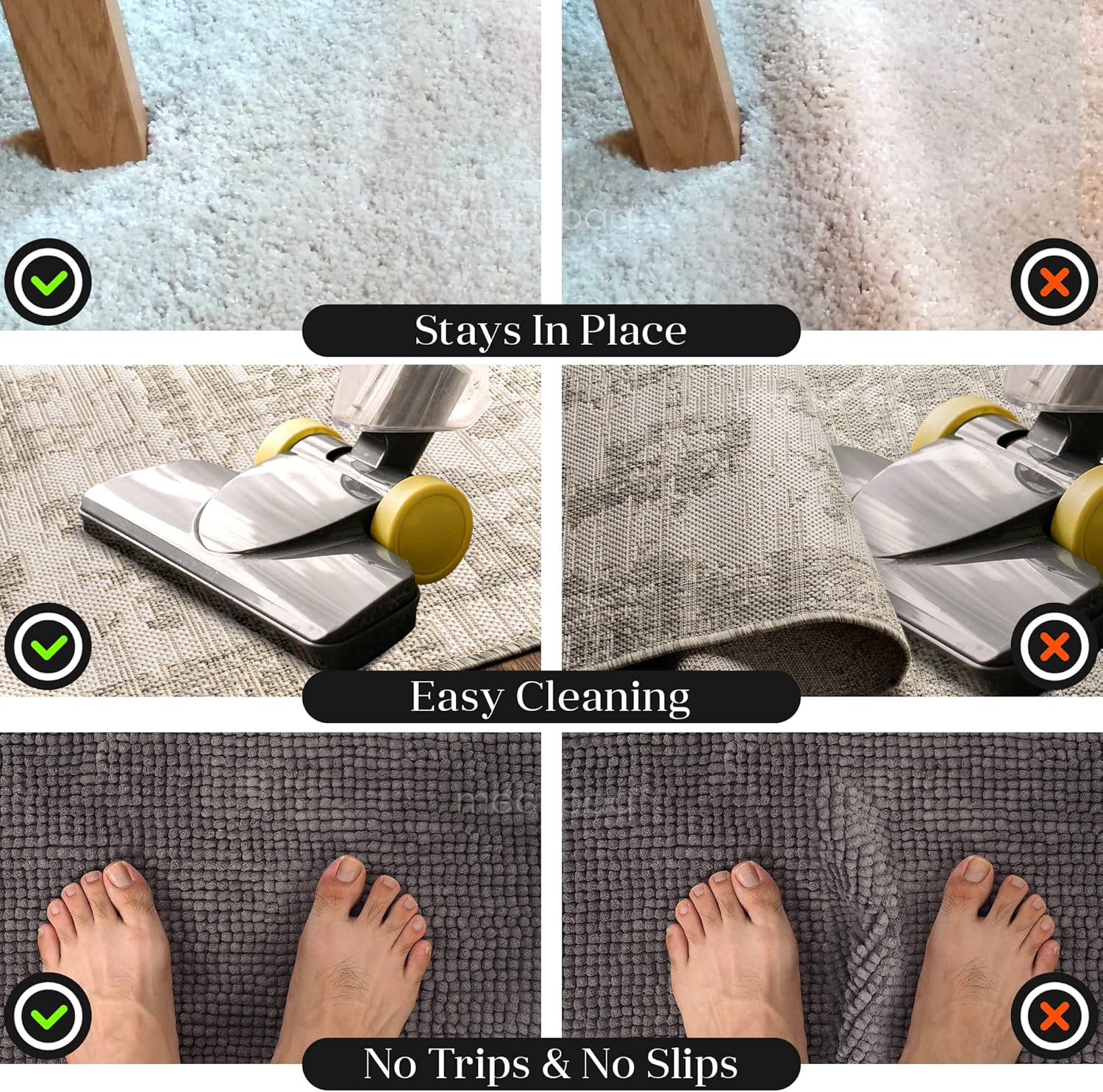 Greatideas – Agarres antideslizantes para tapetes y alfombras, evita que tus tapetes y alfombras se resbalen y se deslicen, color negro, paquete de