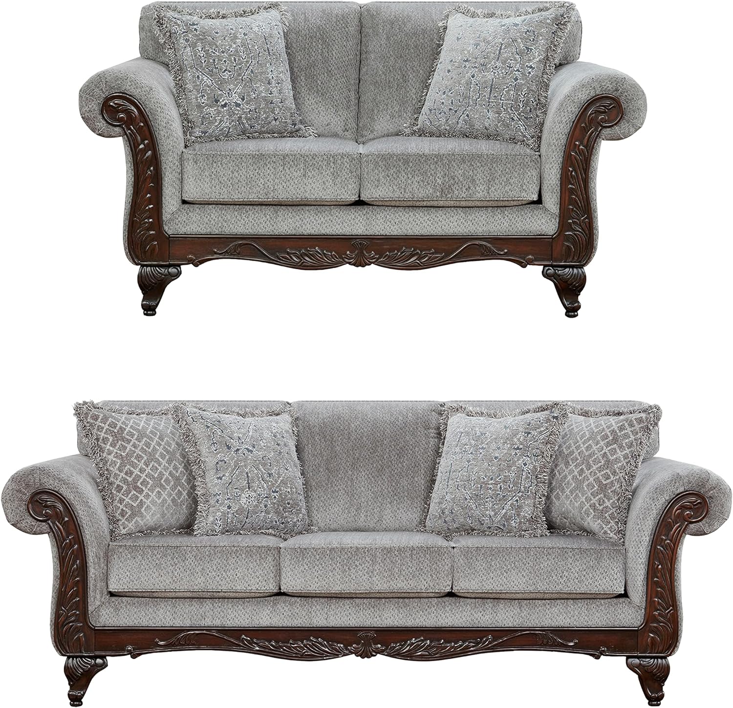 Roundhill Furniture Hernen – Juego de sofá y sofá biplaza con marco de madera tallada, color gris