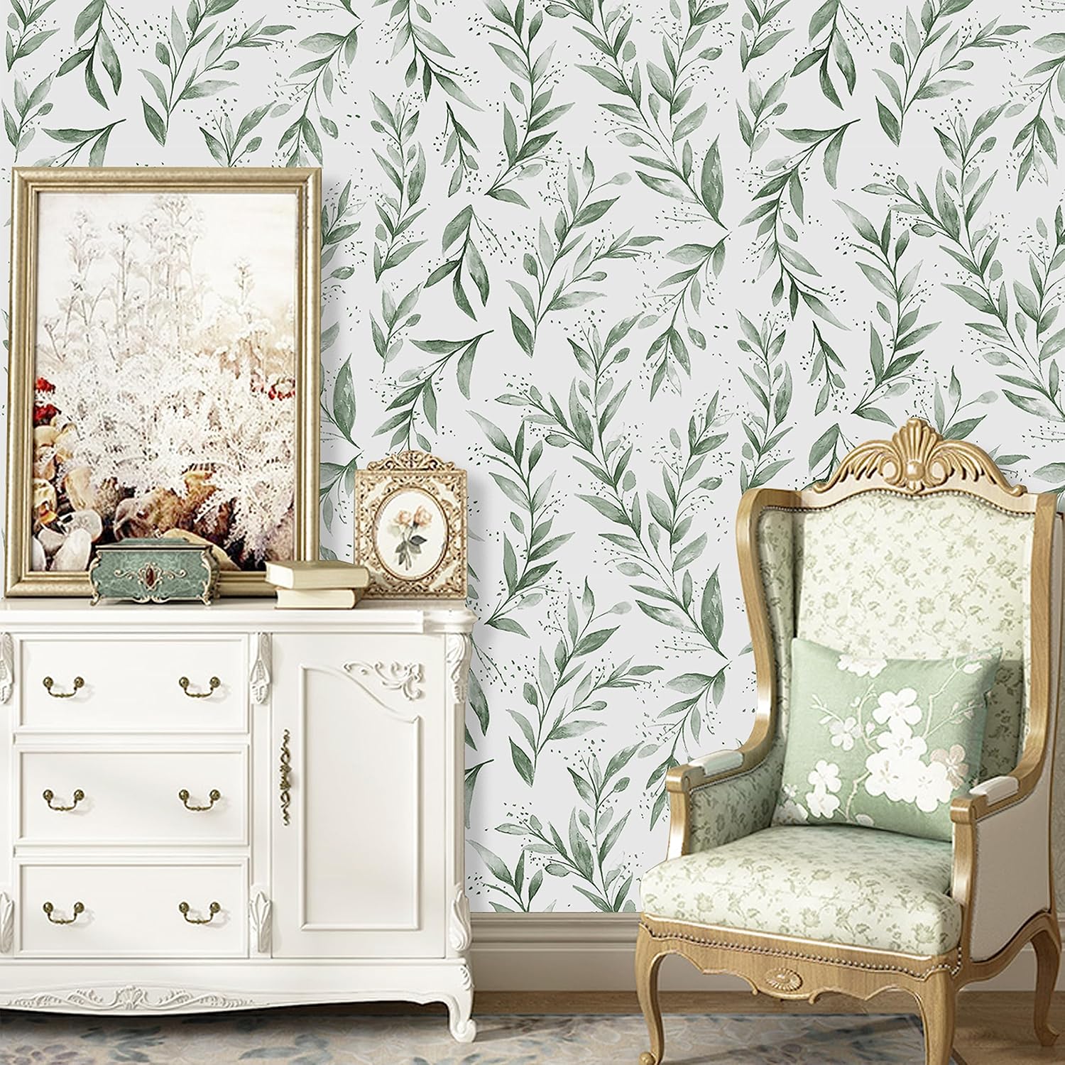Dzhuywer Papel tapiz de hojas verdes, papel de contacto floral vintage, papel tapiz bohemio autoadhesivo, extraíble, papel tapiz de hojas de sauce,