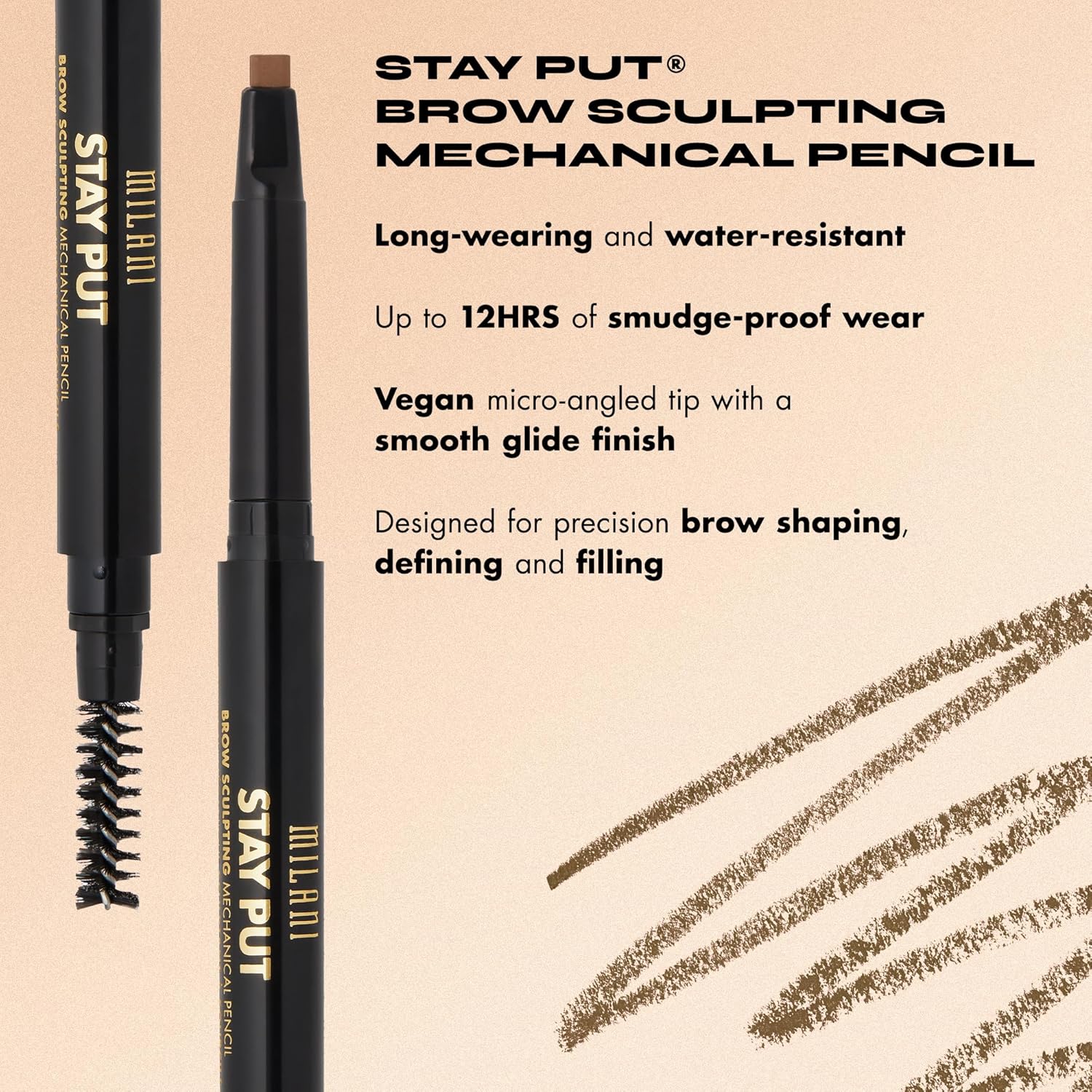 Milani Stay Put – Lápiz mecánico para esculpir cejas, marrón oscuro (0.01 onzas), libre de crueldad animal, de larga duración, que define y da forma