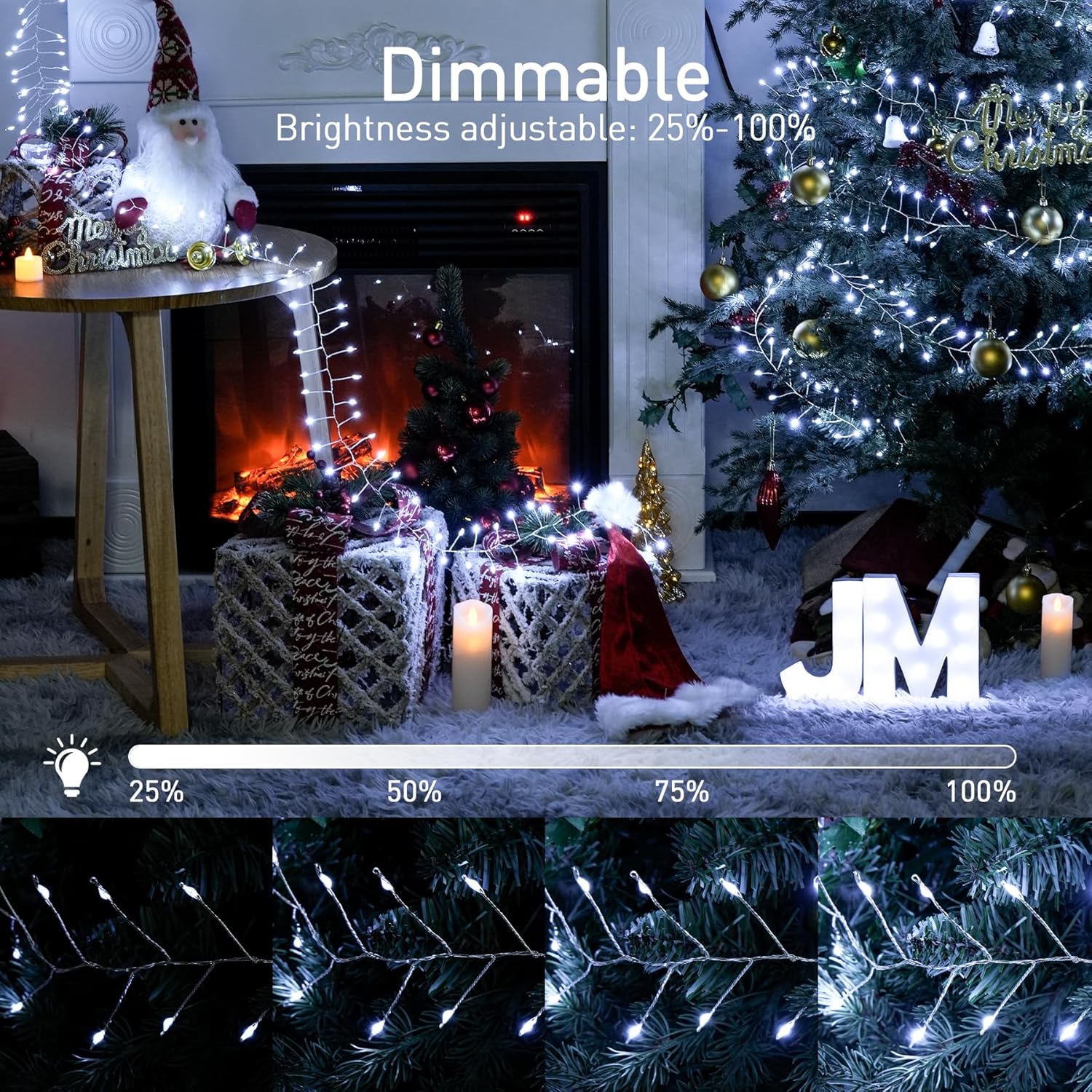 JMEXSUSS Guirnalda de luces enchufables con control remoto, 10 pies, 200 luces blancas y cálidas de Navidad, guirnalda de luces para árbol, corona,