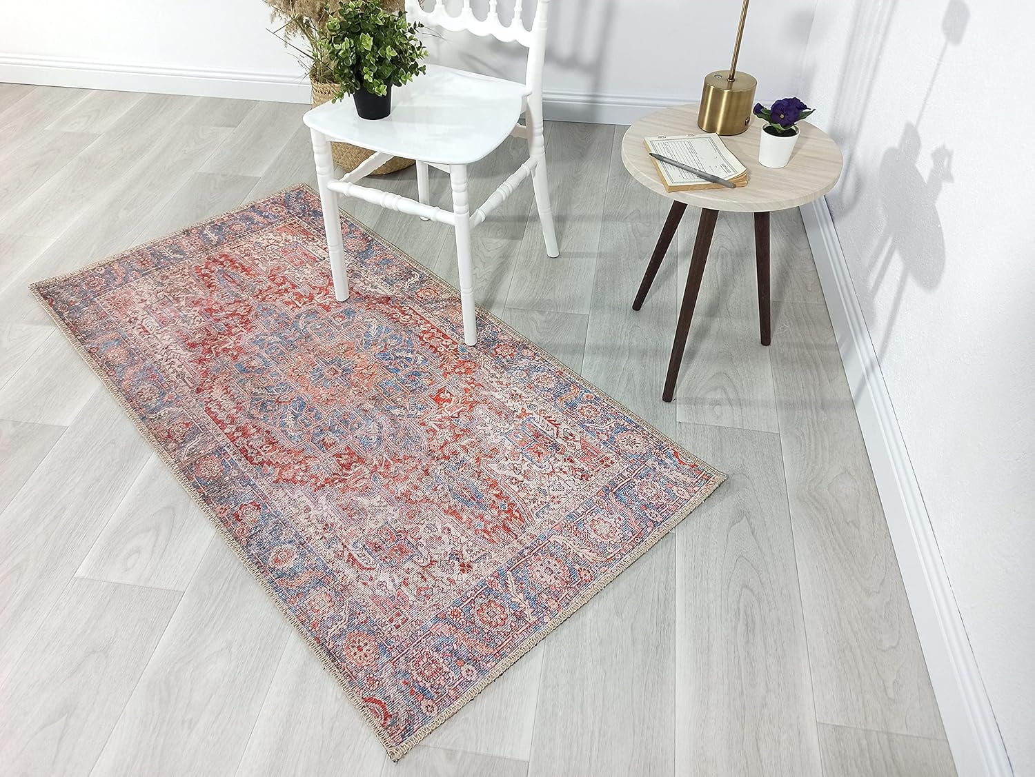 Fame Rugs Alfombras bohemias vintage para sala de estar, dormitorio, terracota, rojo, beige, azul cielo, 2 x 3 pies