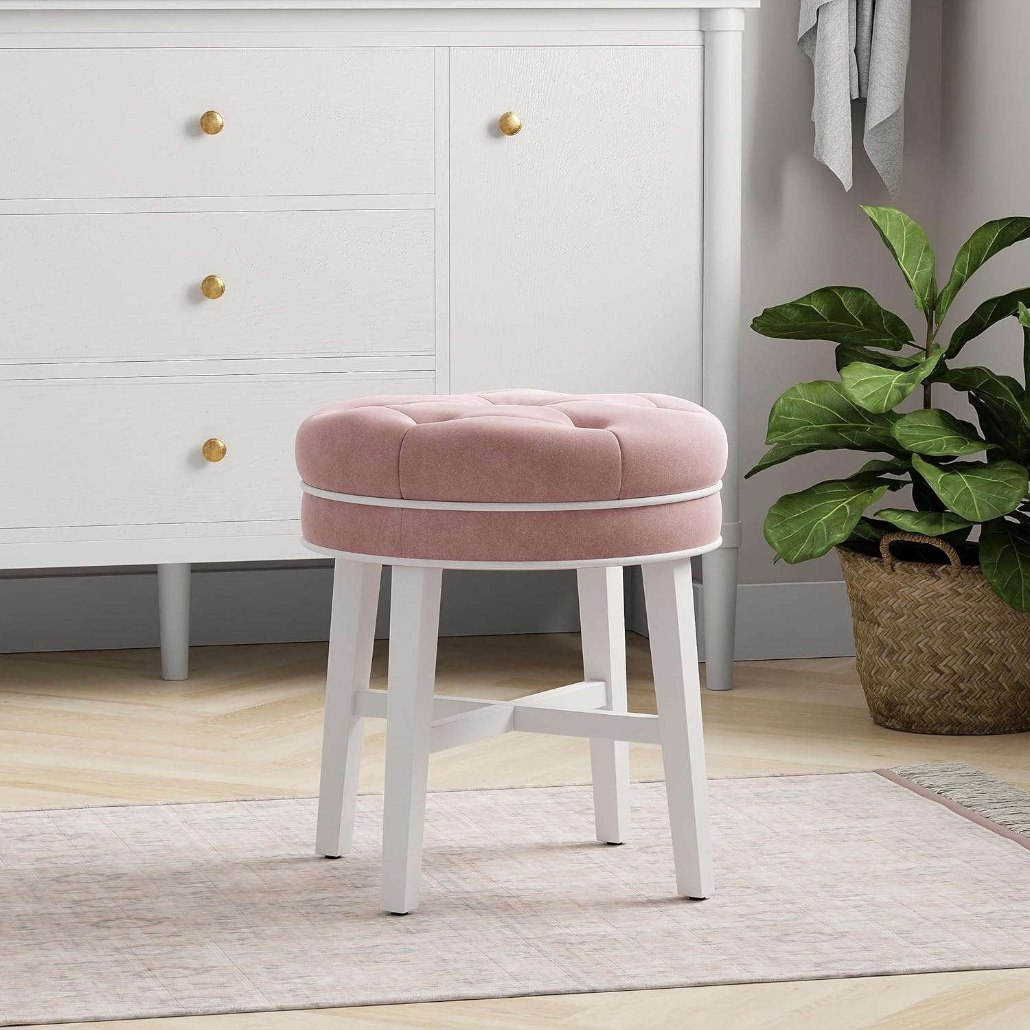 Hillsdale, Sophia Taburete redondo de madera capitoné y tapizado sin espalda para sala de maquillaje o baño, color rosa