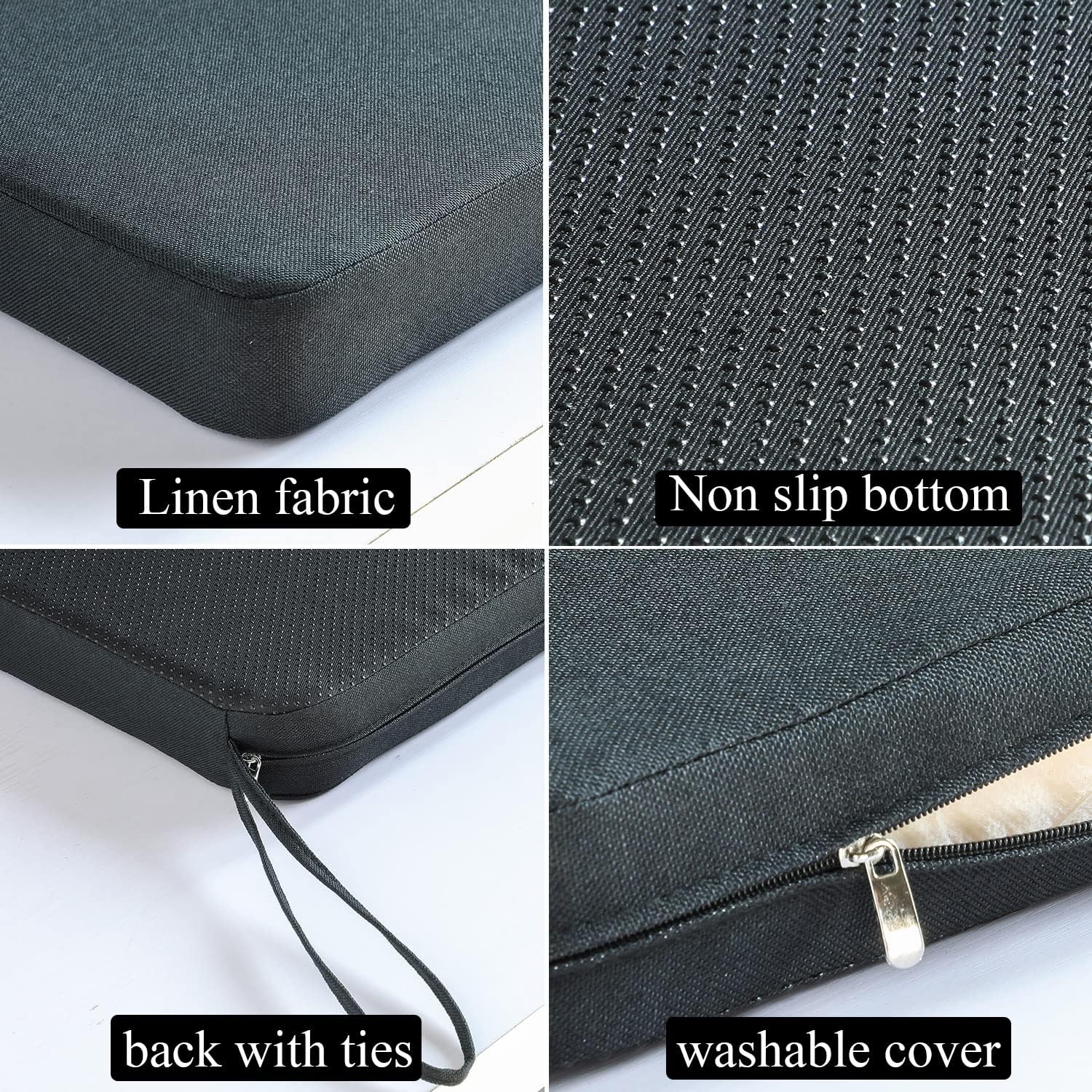 Juego de 4 cojines para sillas de comedor con lazos, antideslizantes, de espuma viscoelástica, para muebles de patio al aire libre, color negro