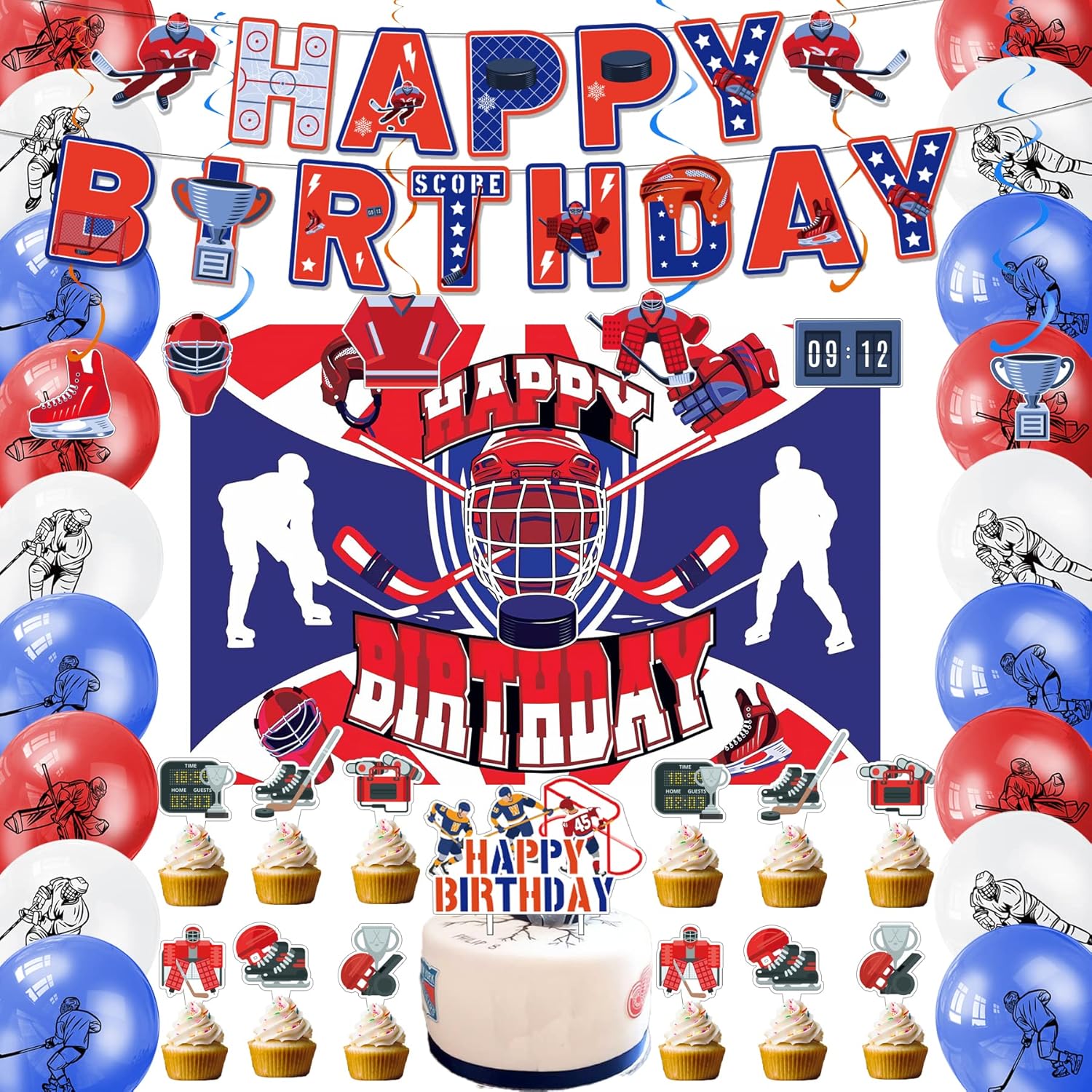 Decoración de fiesta de cumpleaños de hockey sobre hielo, suministros de fiesta de hockey sobre hielo, incluye pancarta de feliz cumpleaños, globos