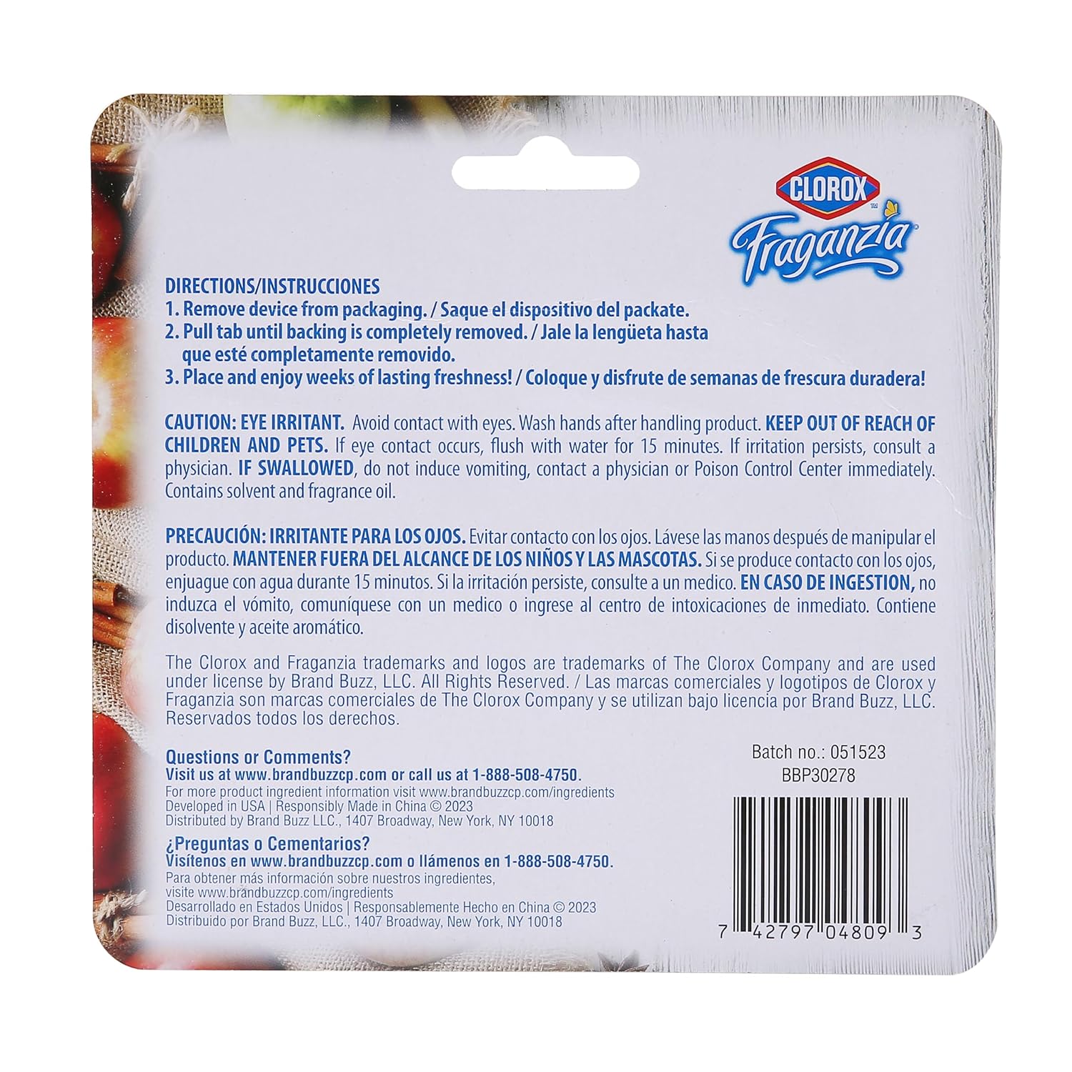 Clorox Fraganzia – Ambientador para habitaciones pequeñas con aroma a manzana y canela, 2 unidades, para despegar y colocar, sin enchufe, sin