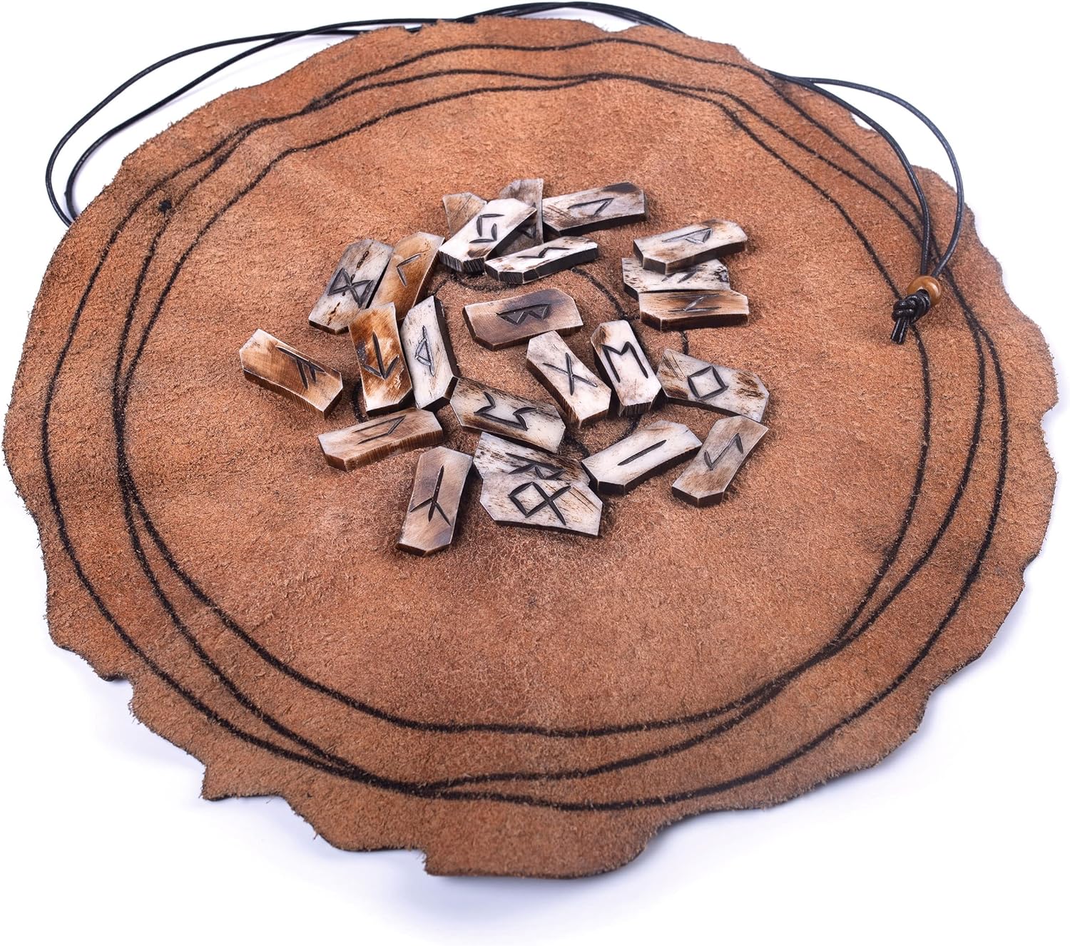 Juego de adivinación de runas vikingas con piezas de piedra runa de Futhark de hueso genuino y alfombrilla de adivinación de cuero prémium