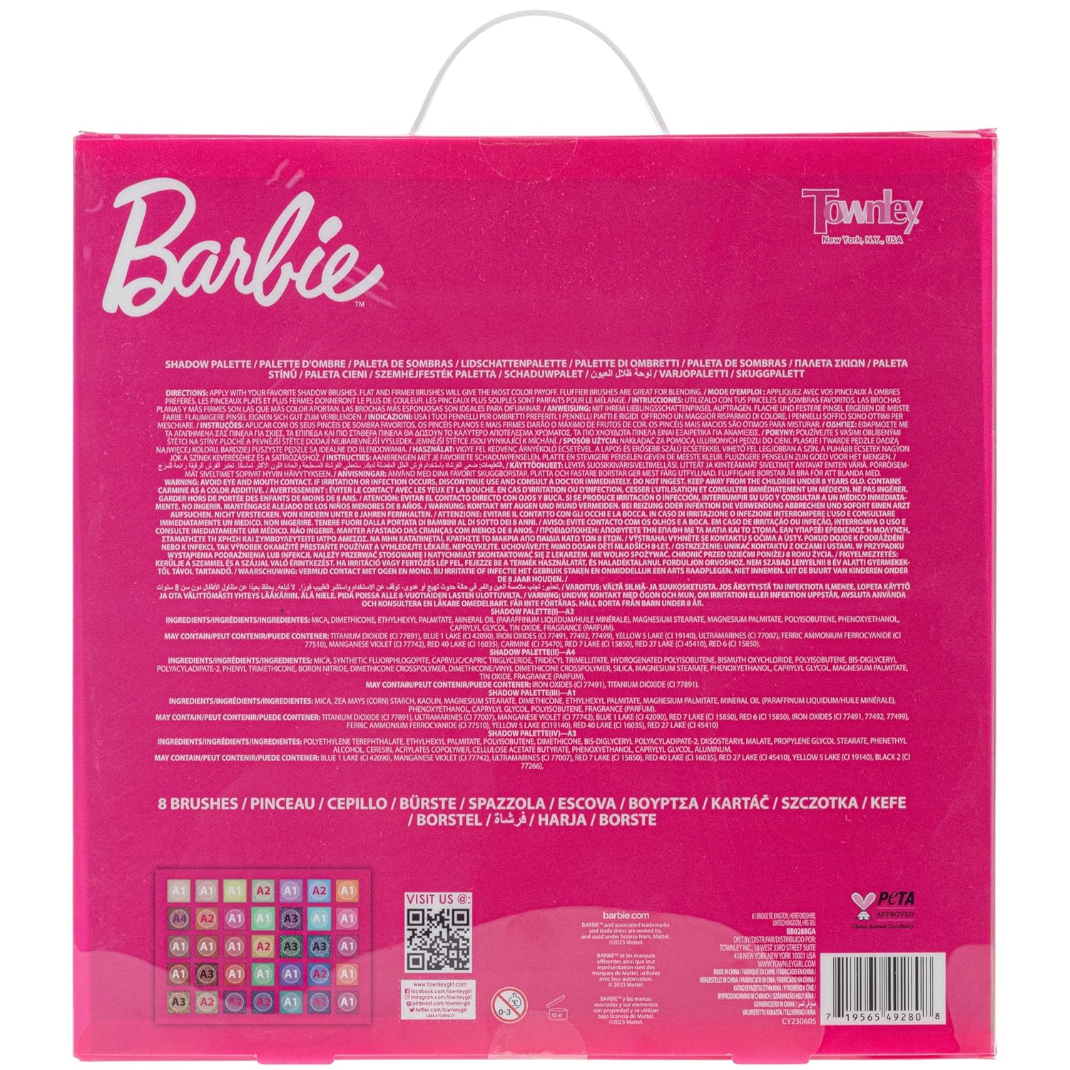 Townley Girl Barbie Paleta de sombras de ojos de 35 pozos, colores brillantes y opacos, pigmentada mezclable, 8 pinceles de aplicación no tóxicos