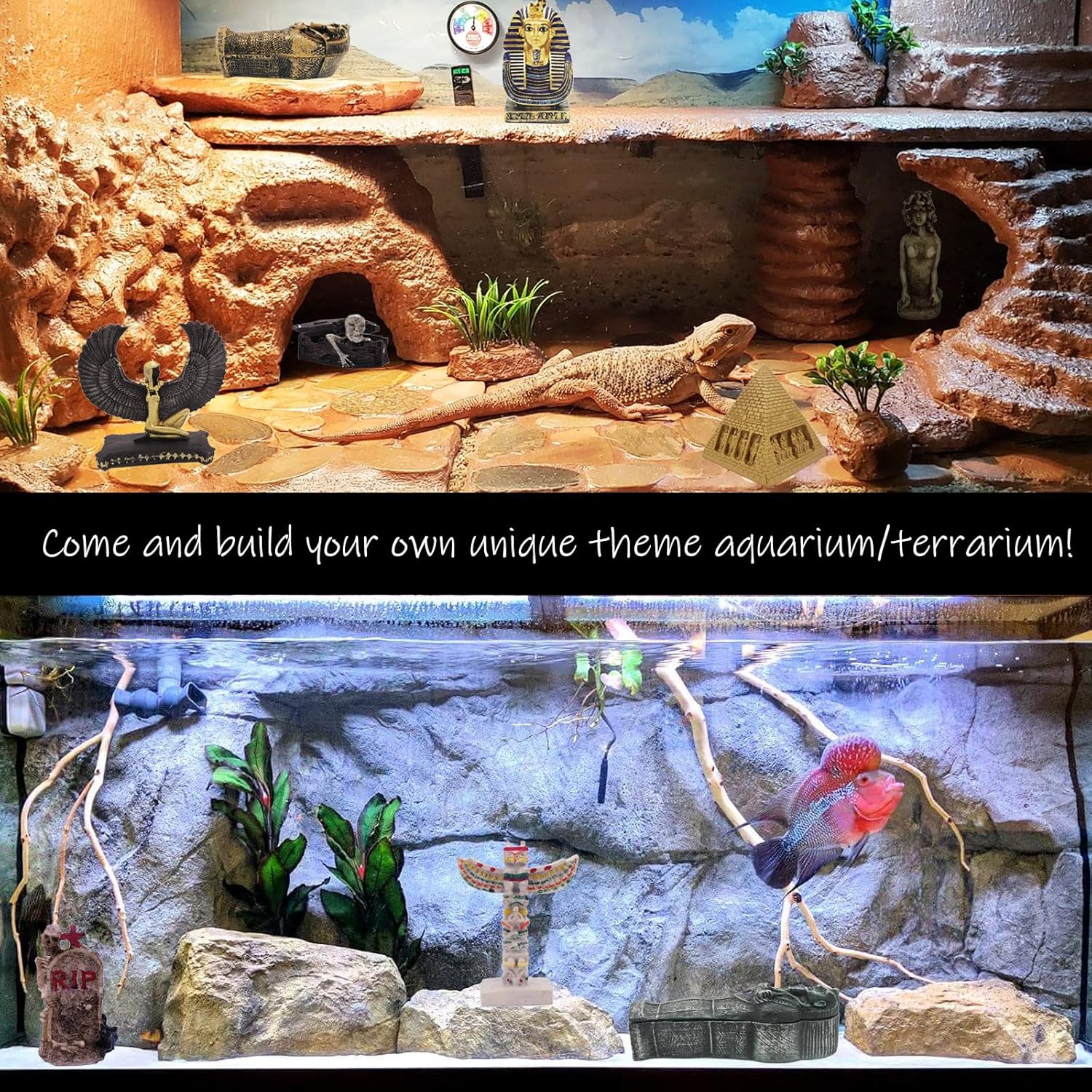 Kocris Casa Decoración para tanque de reptiles de peces egipcios antiguos (juego de 3) escultura de estatua de obelisco de momia, reptil, tortuga,