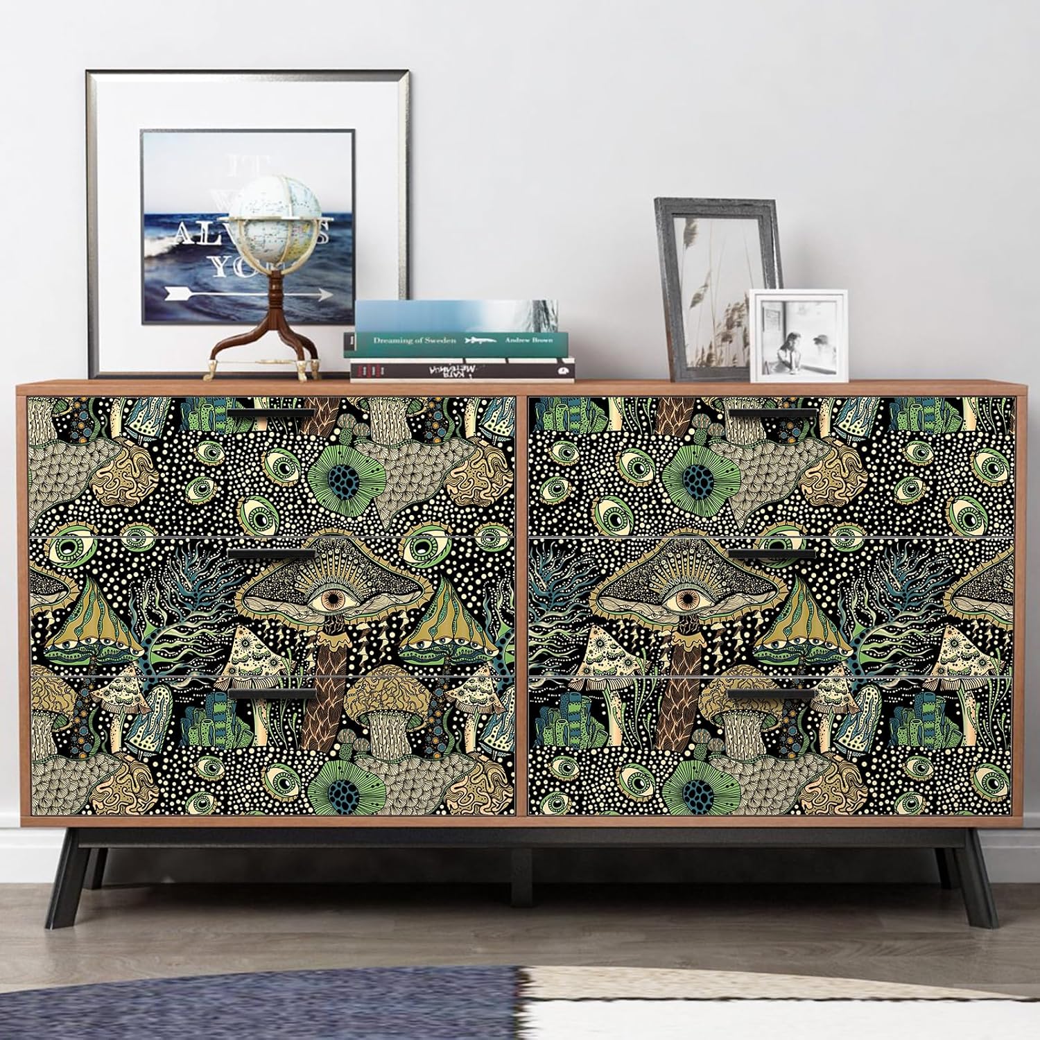 WENMER Papel tapiz autoadhesivo para despegar y pegar, papel tapiz floral de hongos bohemios, papel de contacto de hongos, vinilo autoadhesivo para