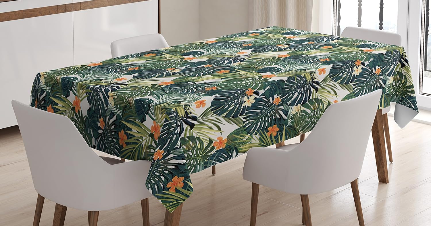 Ambesonne Mantel verde hawaiano con diseño Aloha de verano con plantas tropicales y flores de hibisco, mantel rectangular para decoración de comedor