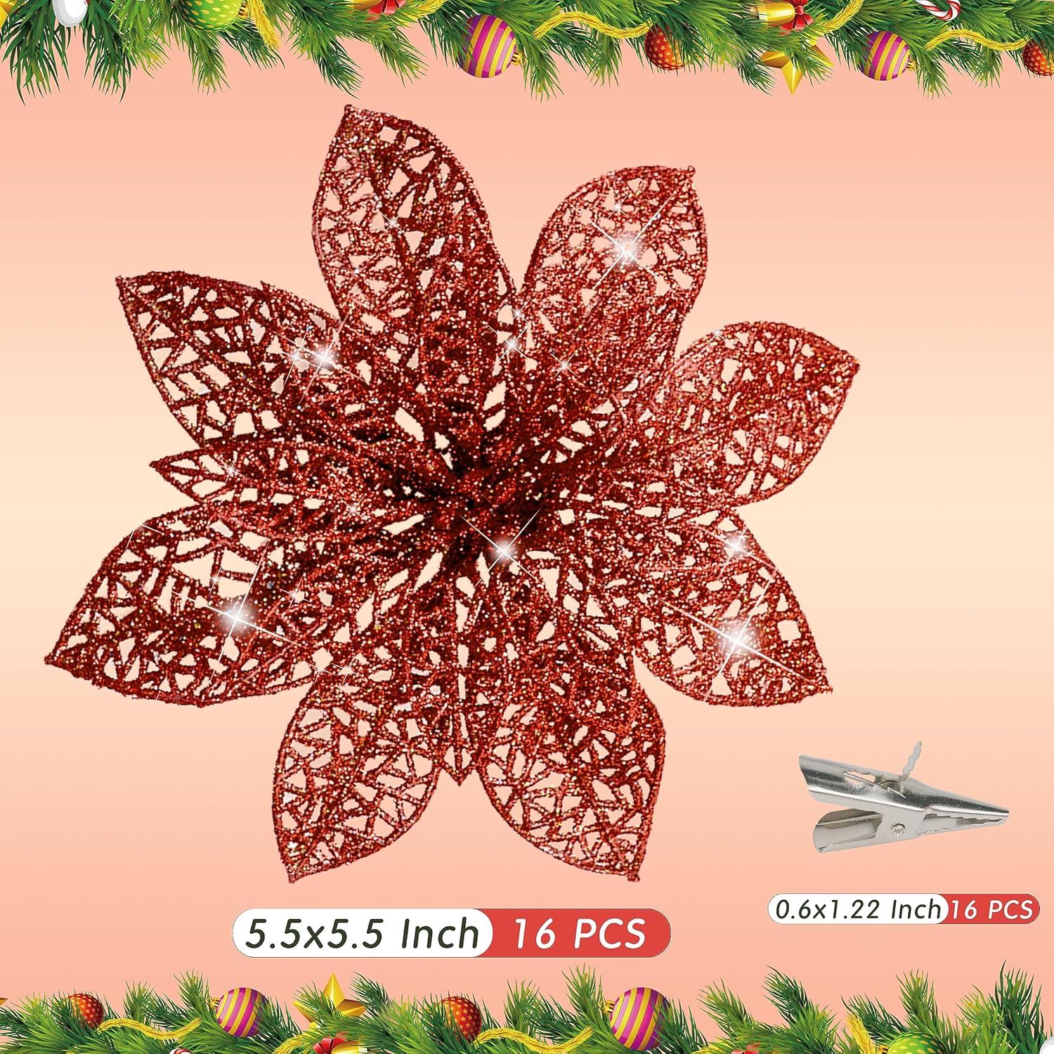 16 flores de nochebuena artificiales, decoraciones de Navidad de flores de nochebuena con clips, adornos de Navidad de flores de nochebuena con