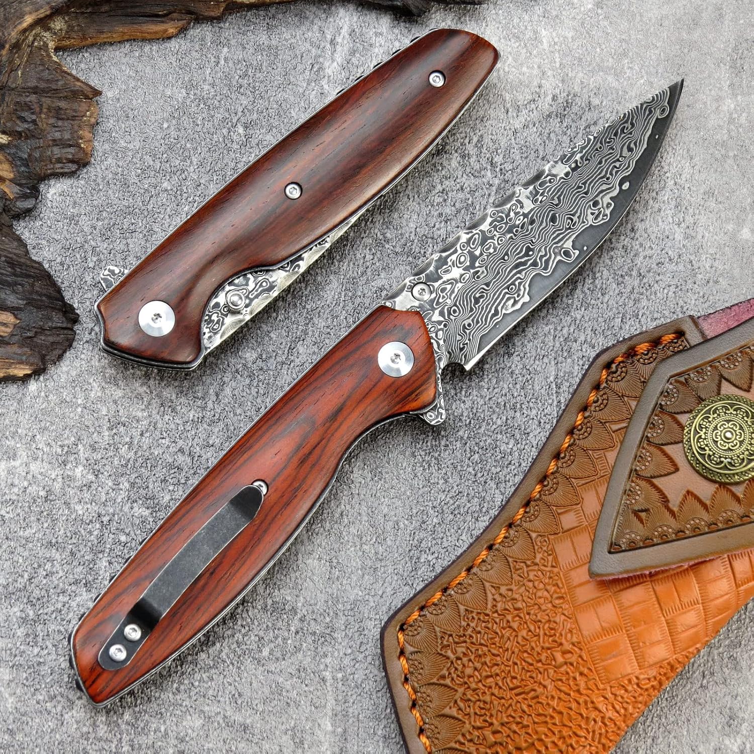 Sitivien ST240 EDC Cuchillo plegable de acero Damasco con mango Dalbergia, bloqueo de hoja de núcleo VG10 y clip para cinturón, cuchillo de