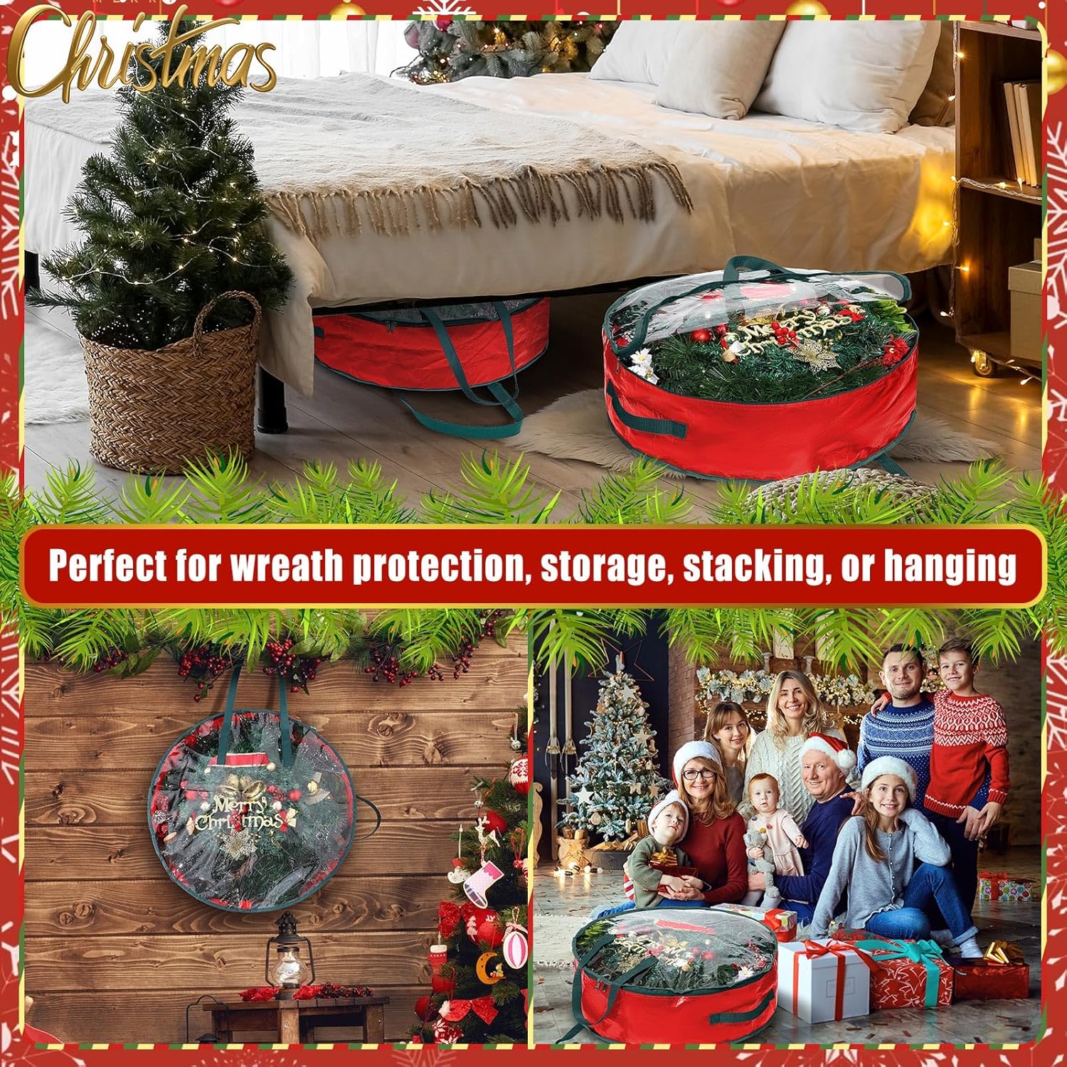 Shappy Bolsa de almacenamiento de corona de Navidad, contenedores de almacenamiento de plástico para coronas, contenedor de coronas, decoración de