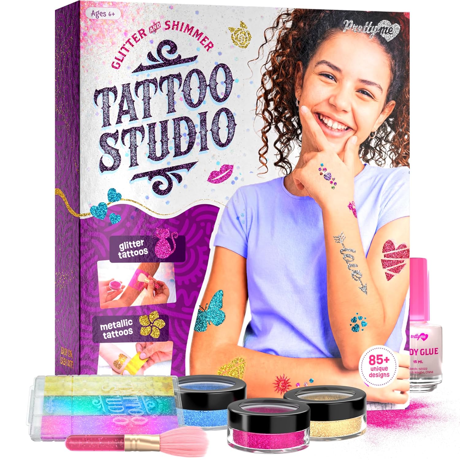 Kit de estudio de tatuajes temporales brillantes para niños, tatuajes falsos metálicos y con purpurina para niñas, ideas de regalo de cumpleaños