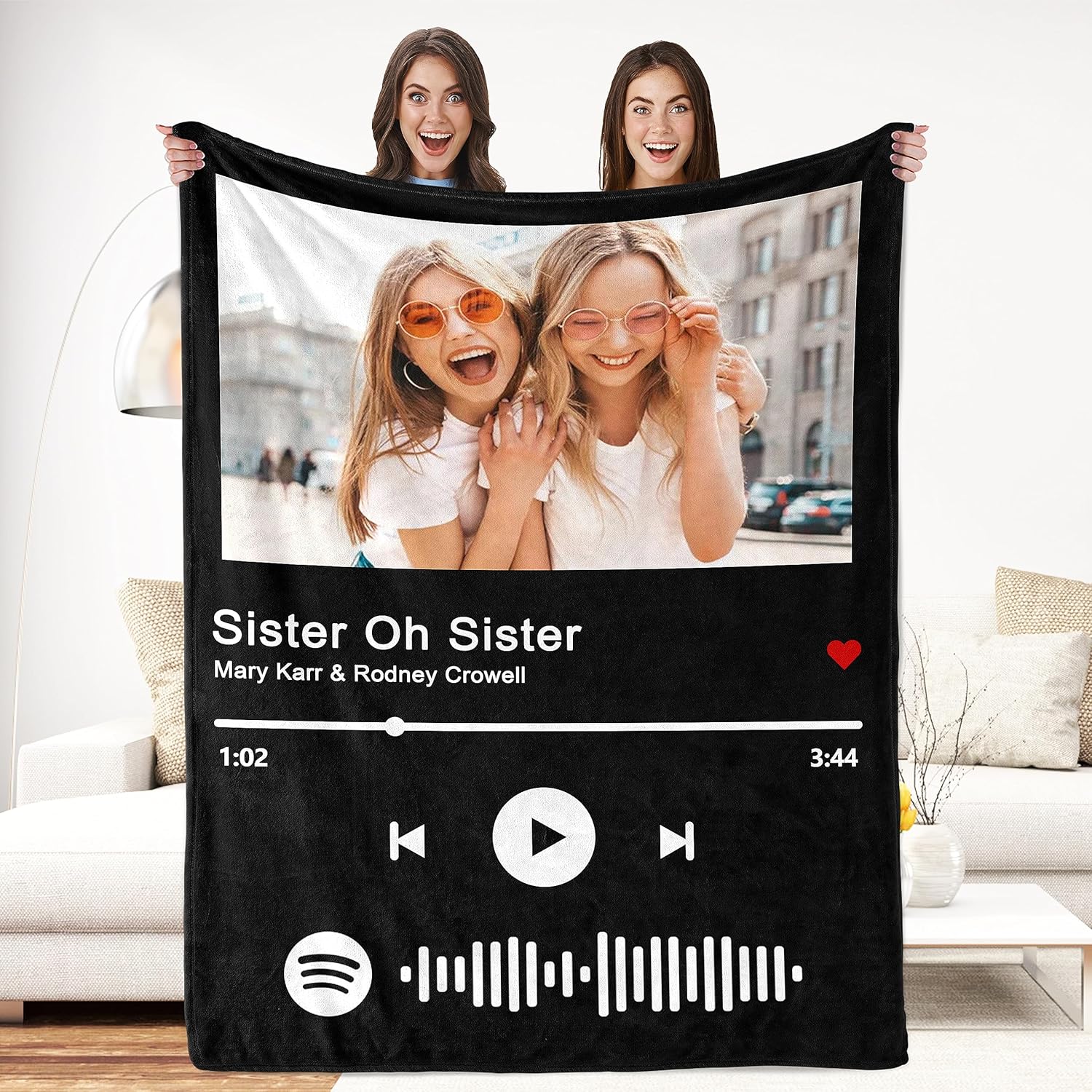 Manta de música personalizada con código de Spotify con fotos de hermana, manta personalizada para hermana, regalos de cumpleaños para hermana, el